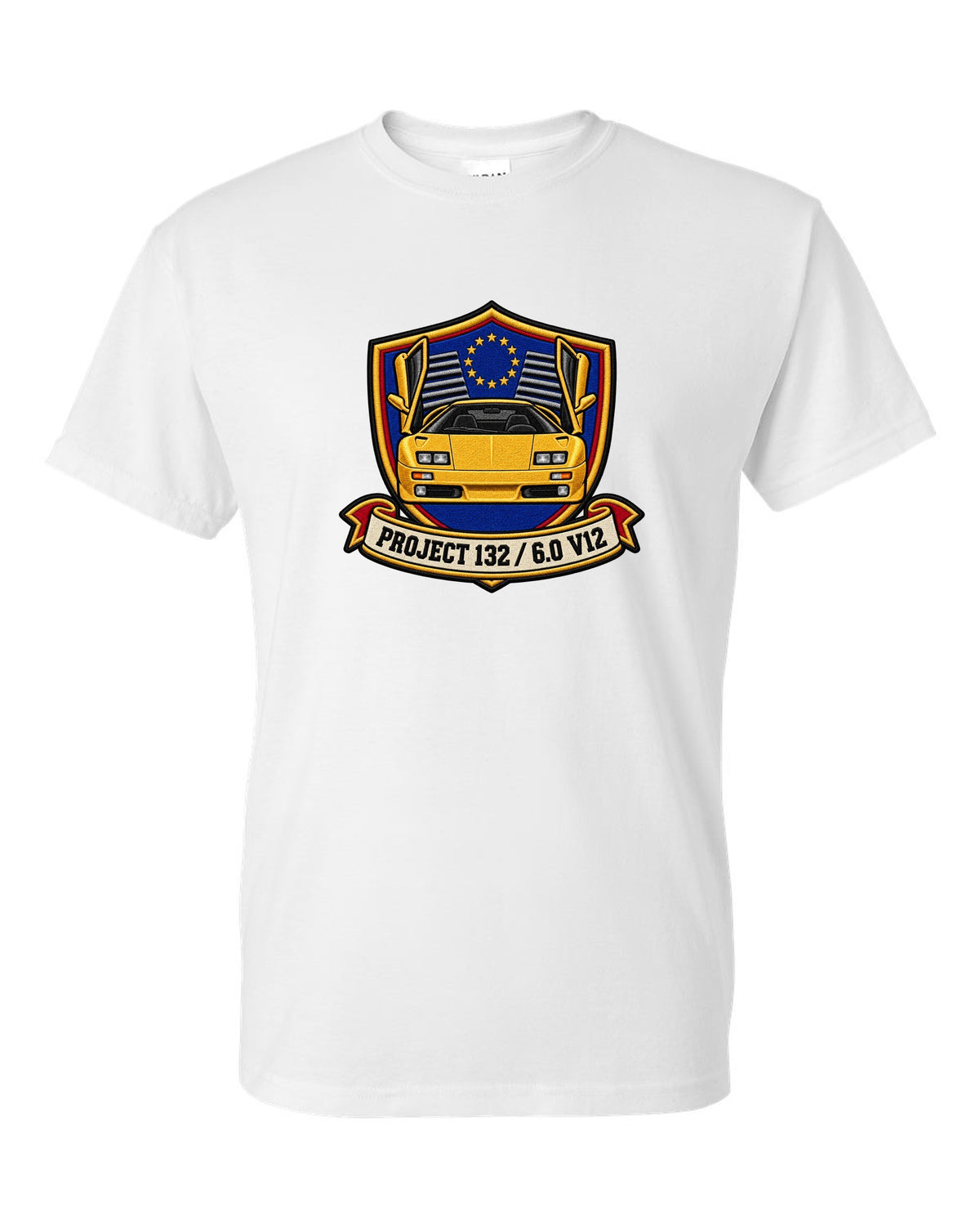 Varsity embroidery crest for a 2000 Lamborghini Diablo VT 6.0 reading Project 132 and 6.0 V12 white t-shirt front view with the design