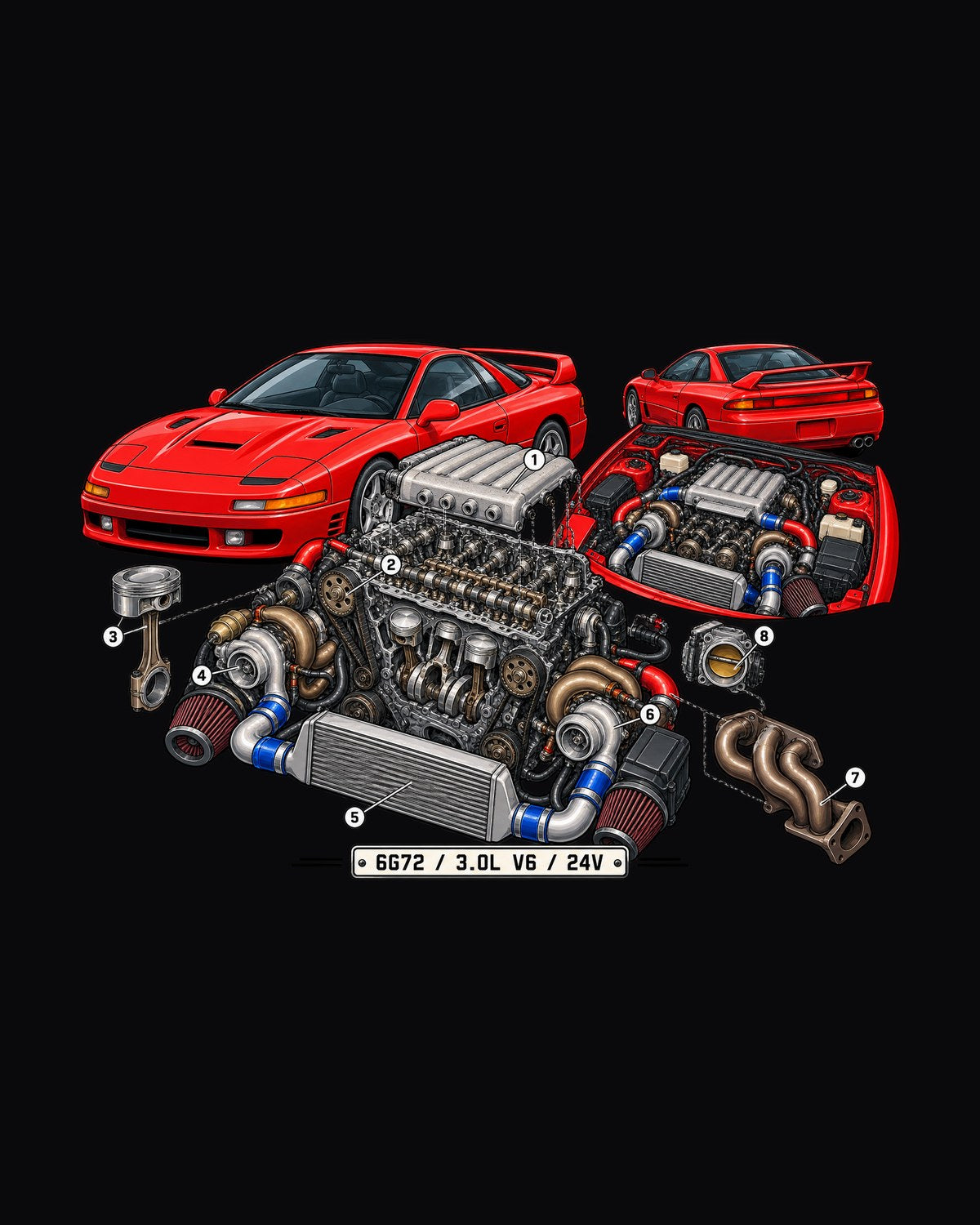 6G72 Exploded V6 Shirt, Mitsubishi 3000GT VR-4 Engine Diagram design only