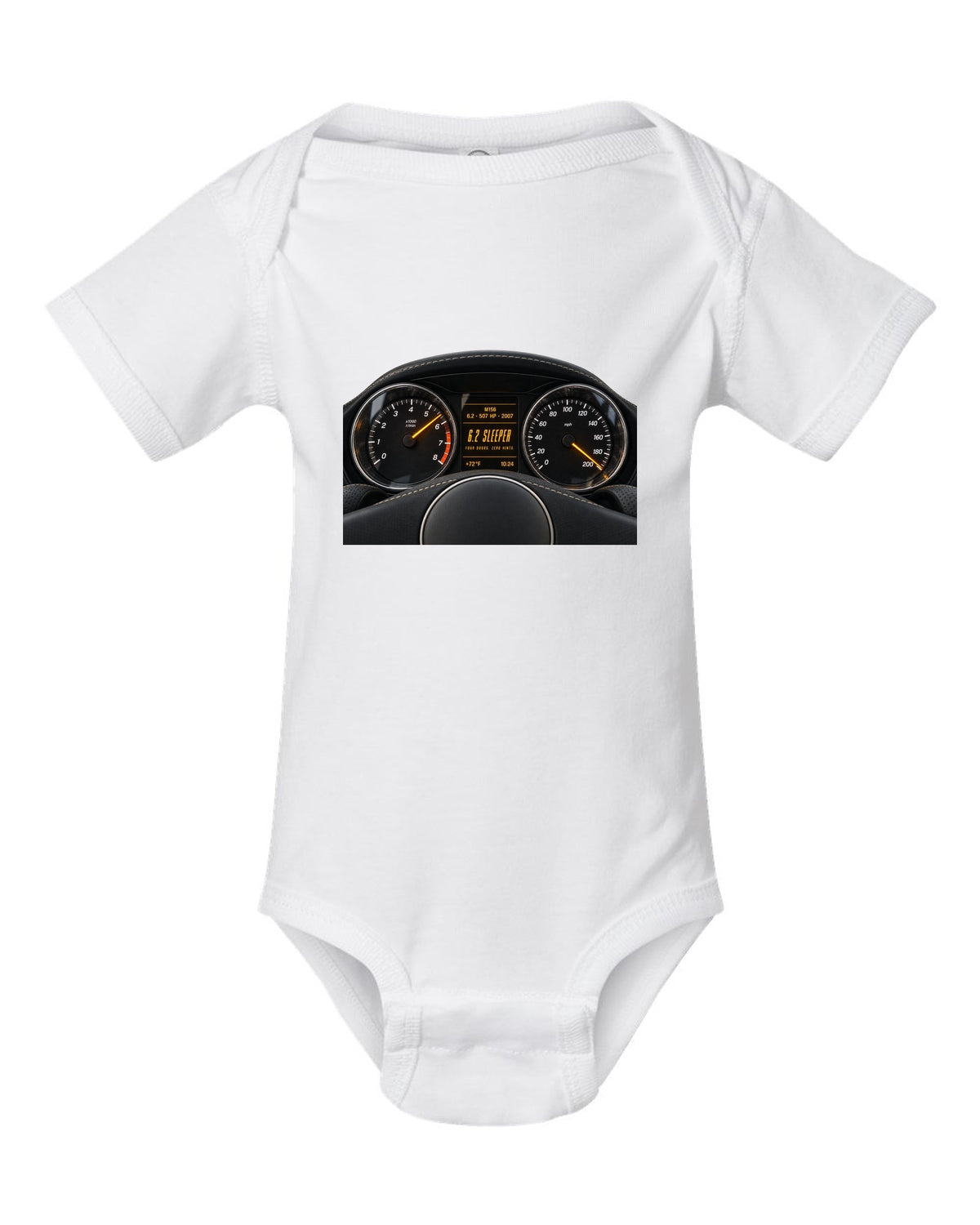 print cockpit gauge of a Mercedes W211 E63 M156 with text 507 HP, 2007, 6.2 sleeper white baby onesie front view with the design