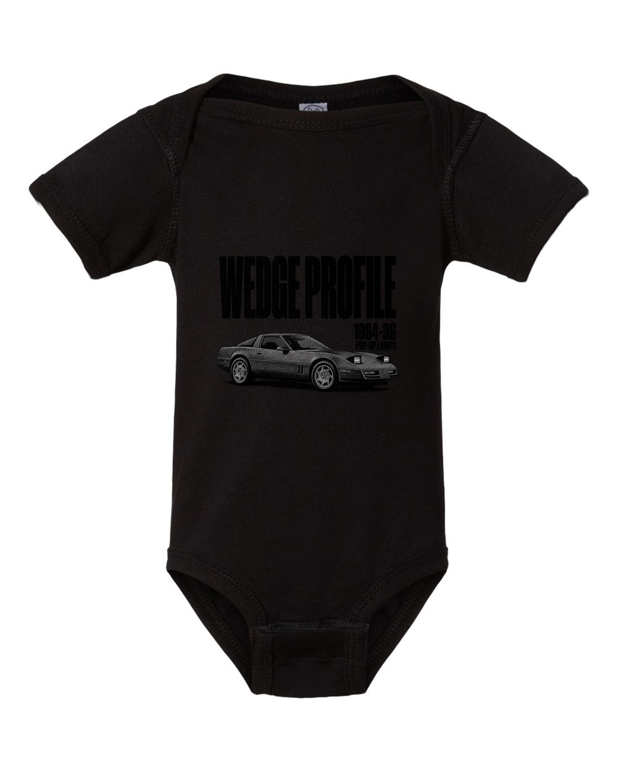 Chevrolet Corvette C4 1989 coupe wedge profile halftone print black baby onesie front view with the design