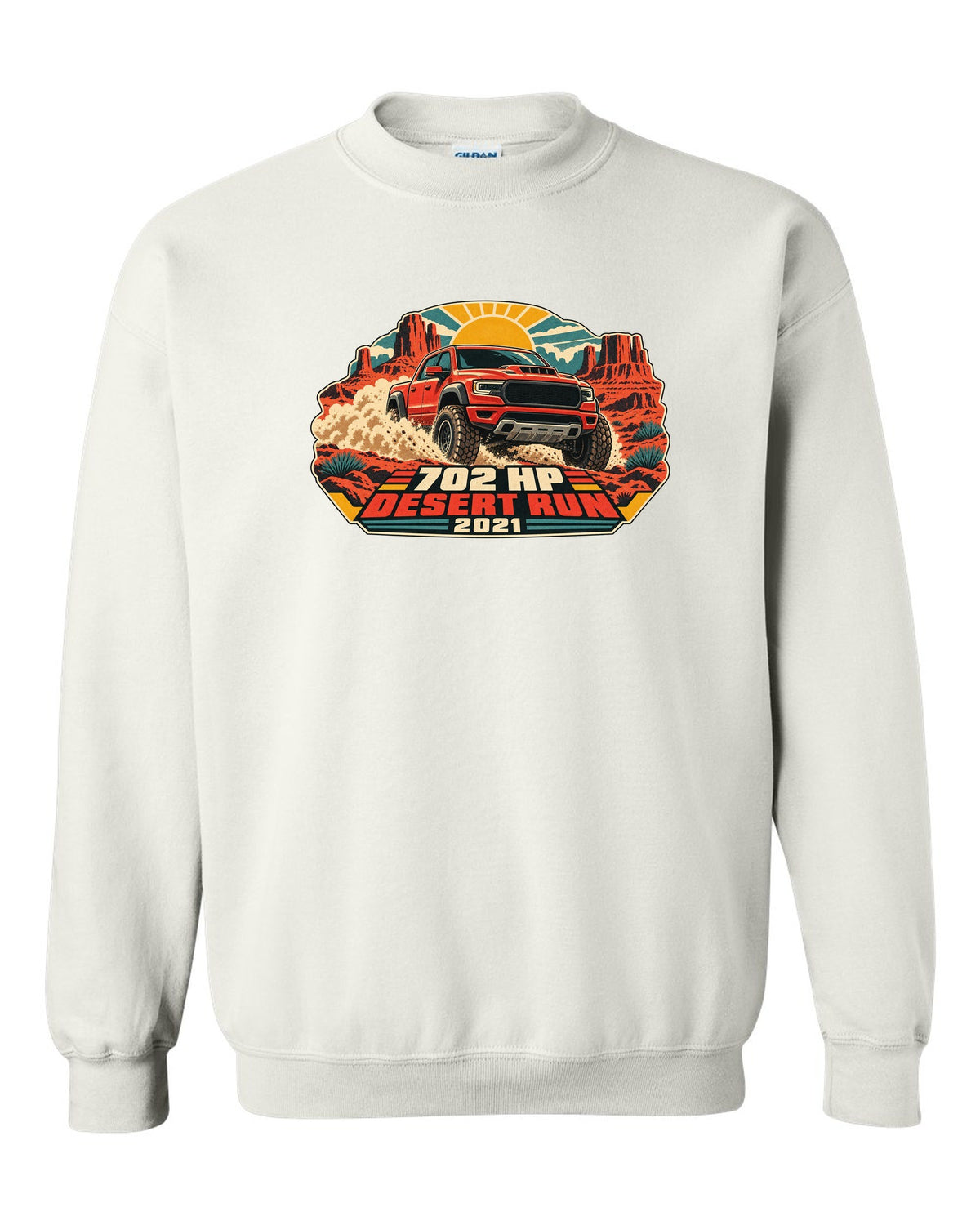 Vintage desert race poster print of a 2021 Ram 1500 TRX with 702 HP text white crewneck front view with the design