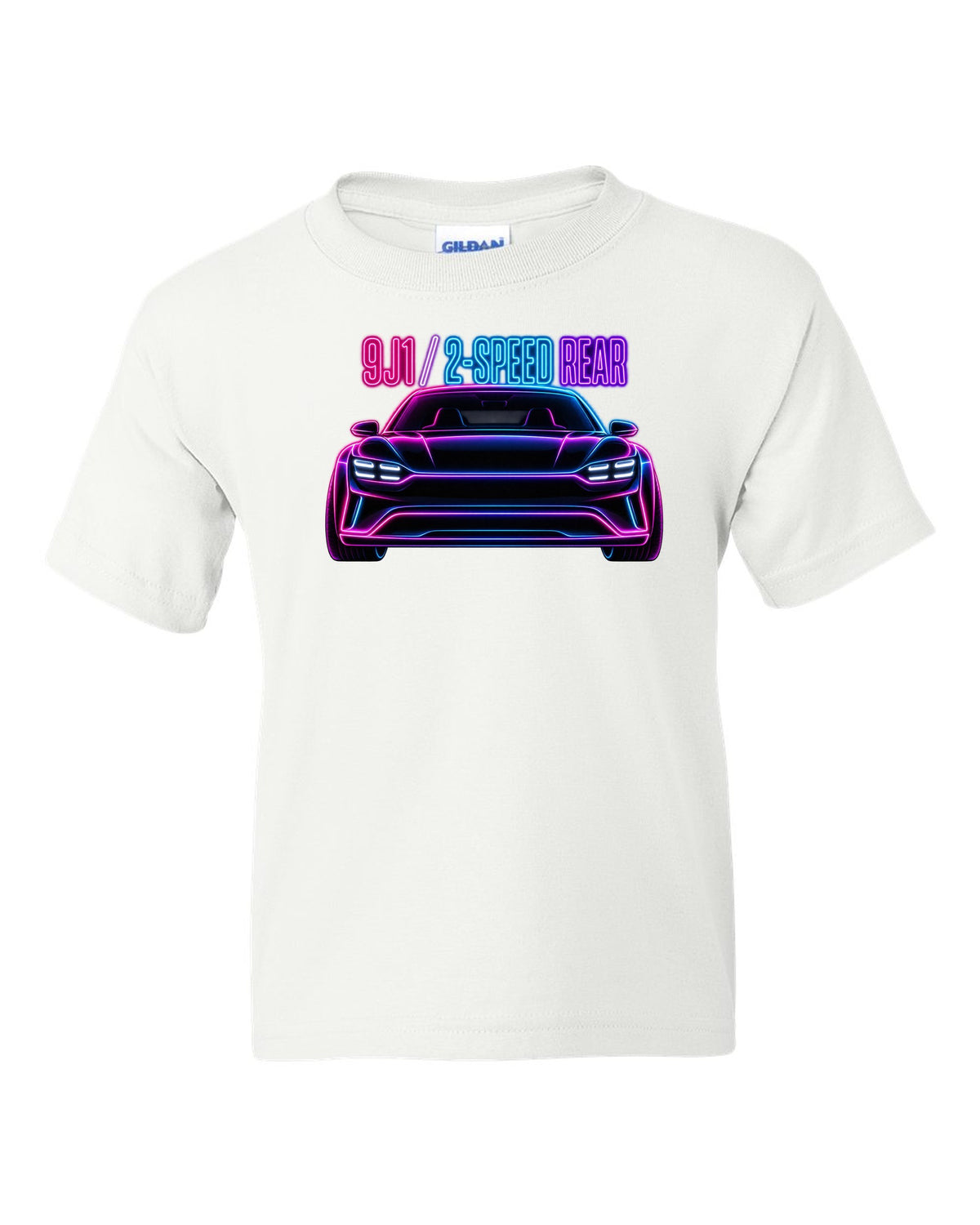 Porsche Taycan Turbo S 9J1 neon outline print with the text 9J1 2-speed rear white kids tee front view with the design