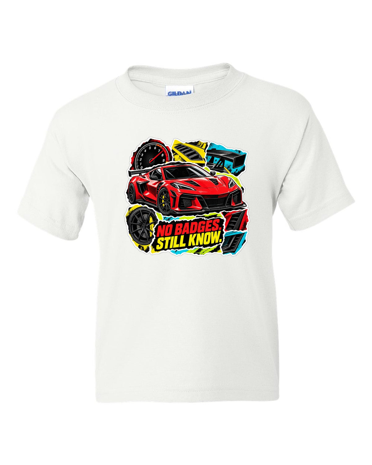 Sticker-bomb collage print of a 2025 Chevrolet Corvette C8 ZR1 with fender vents and rear wing white kids tee front view with the design
