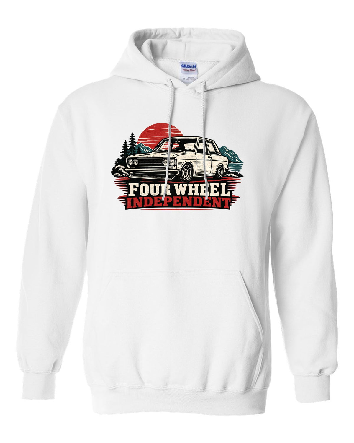 Linocut print of a Datsun 510 with Four Wheel Independent lettering white pull over hoodie front view with the design