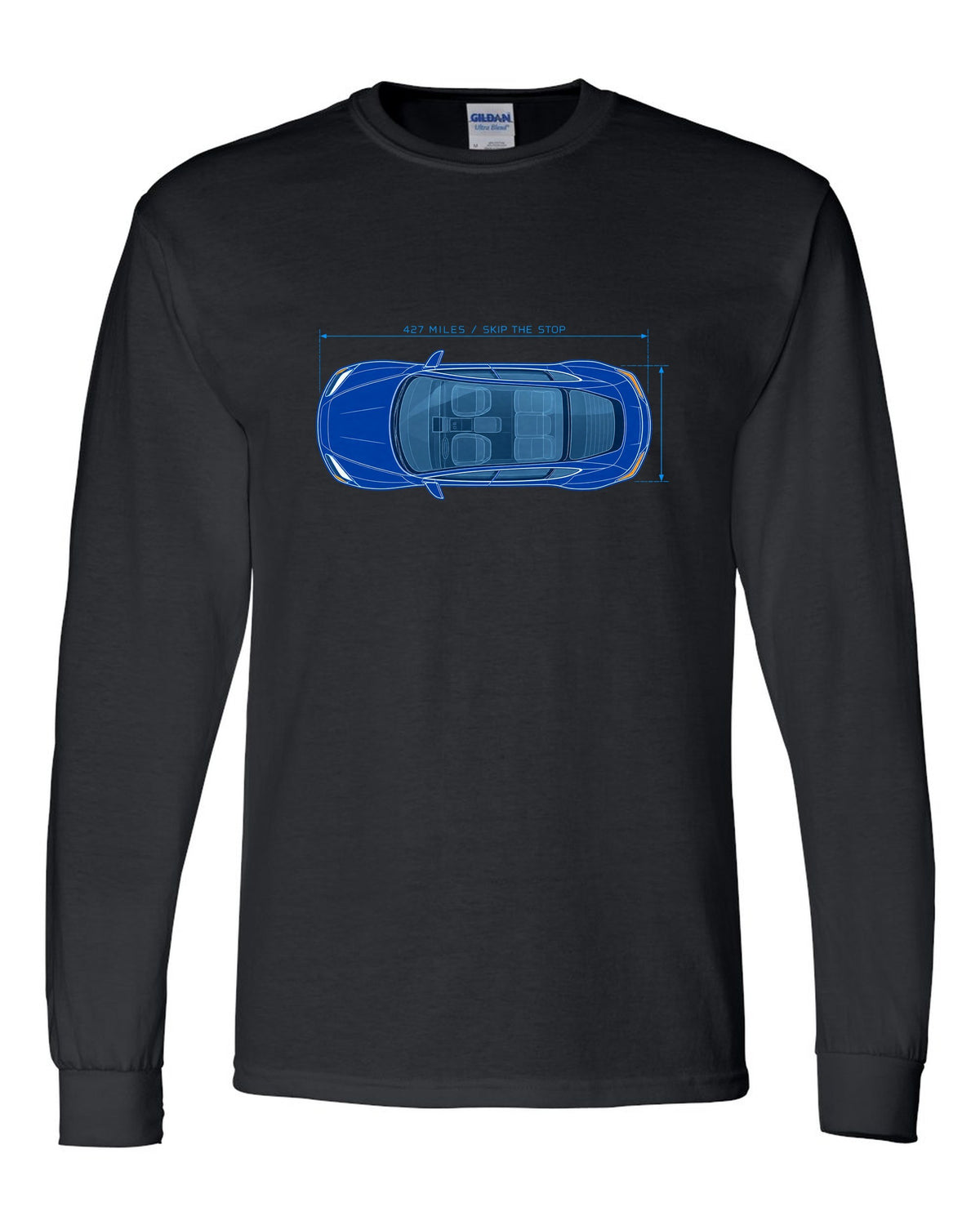 Lucid Air Sapphire white and cyan blueprint print with the text 427 miles skip the stop black long sleeve front view with the design