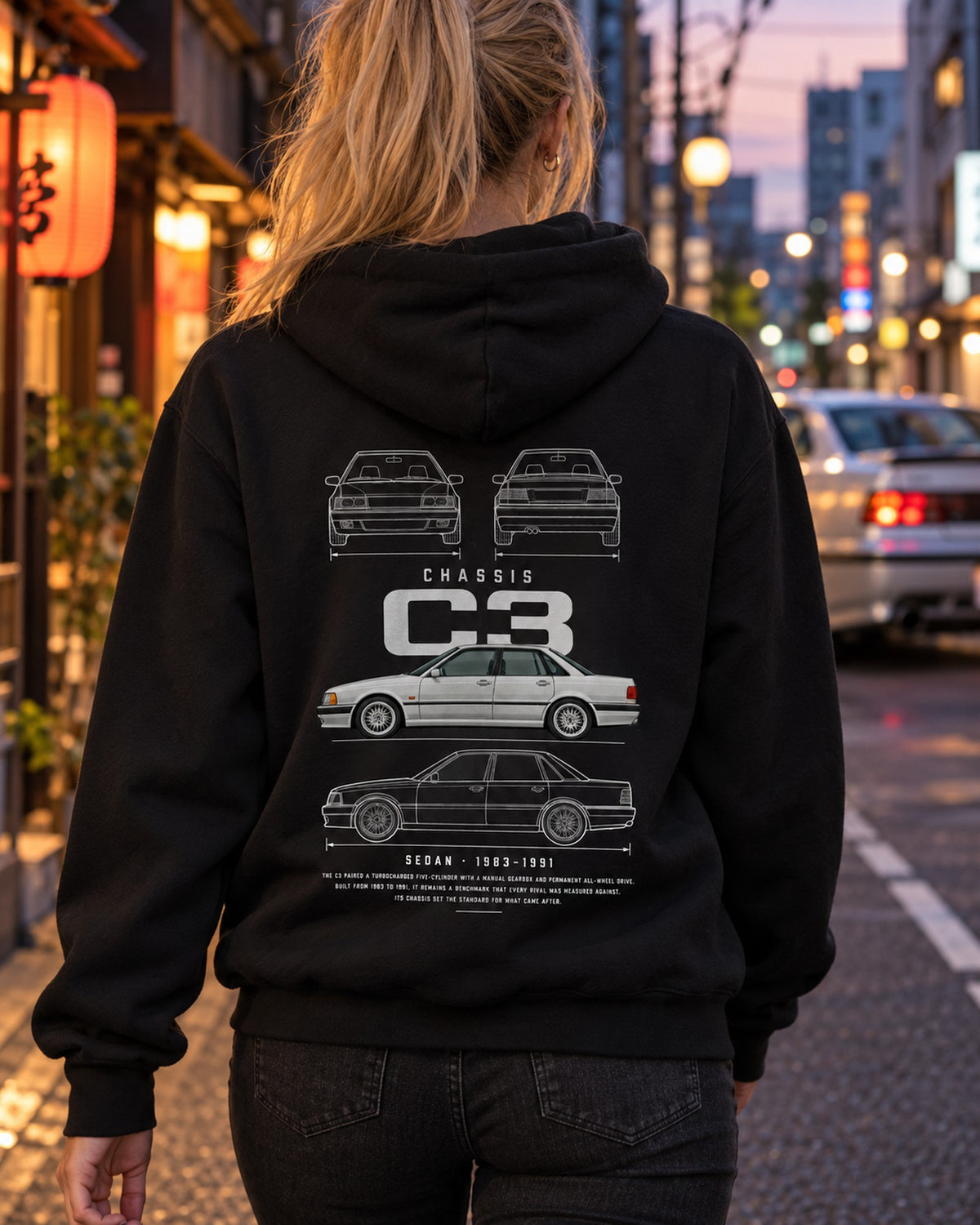 Audi 200 quattro sedan Blueprint Full-Back Graphic Tee, C3 Chassis Code Pull Over Hoodie Black worn hero