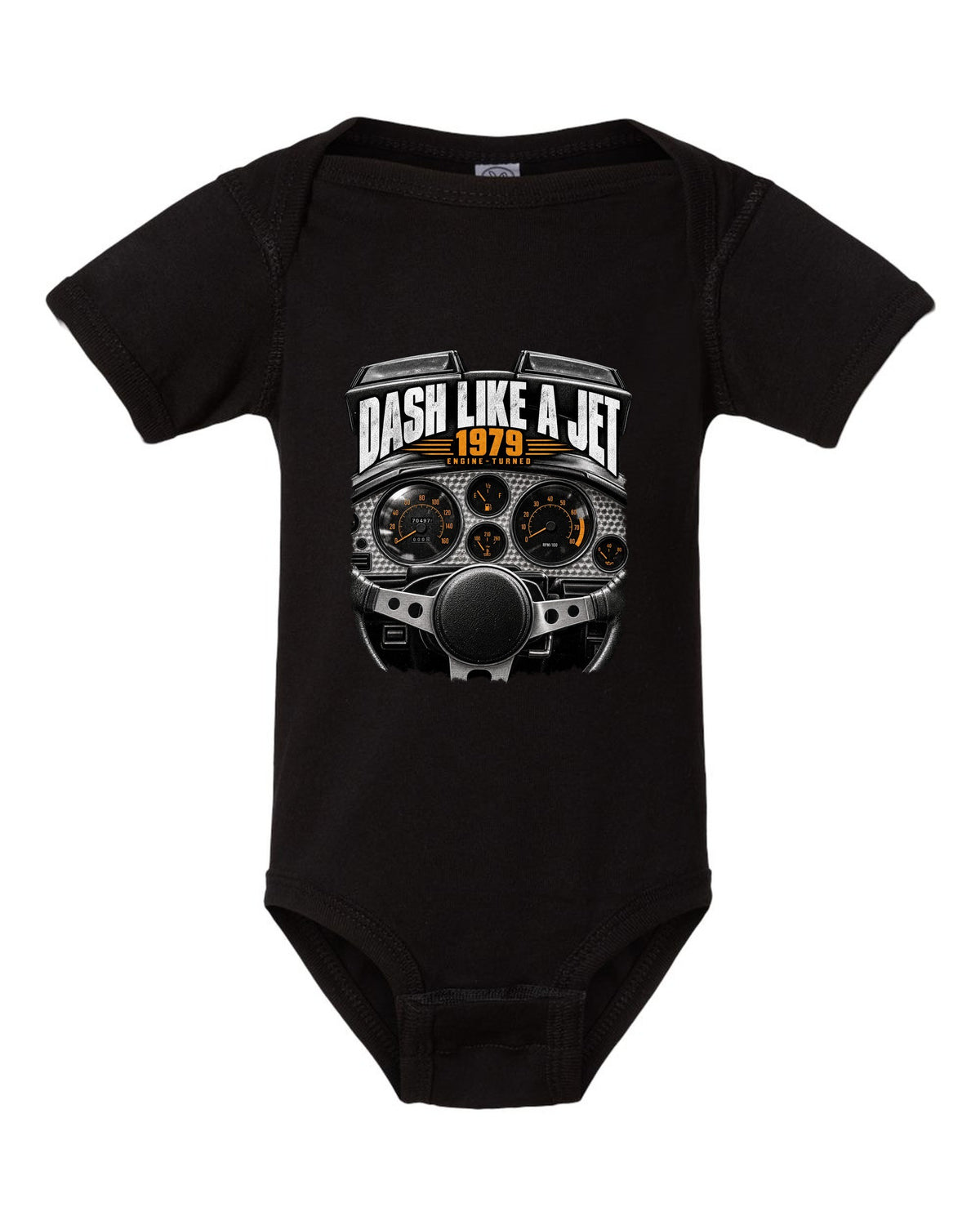 print of a 1979 Pontiac Firebird cockpit with engine-turned dash panel black baby onesie front view with the design