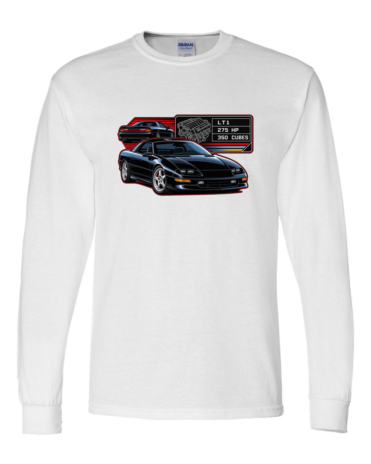 1993 Camaro Z28 fourth-generation spec plate design with the text LT1 275 HP 350 Cubes white long sleeve front view with the design