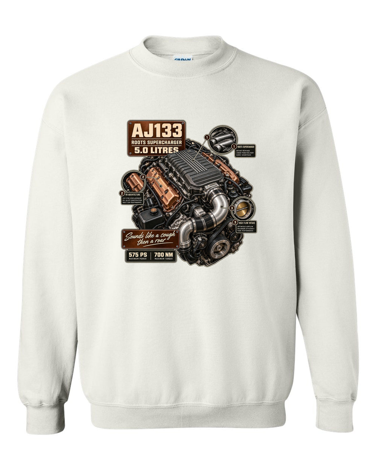 Engine hero print of the Jaguar F-Type R and SVR AJ133 supercharged 5.0 litre V8 white crewneck front view with the design