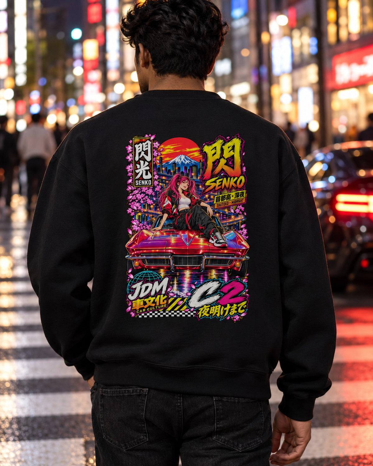 SENKO C2 Anime Girl Full-Back Graphic Tee Crewneck Black worn hero