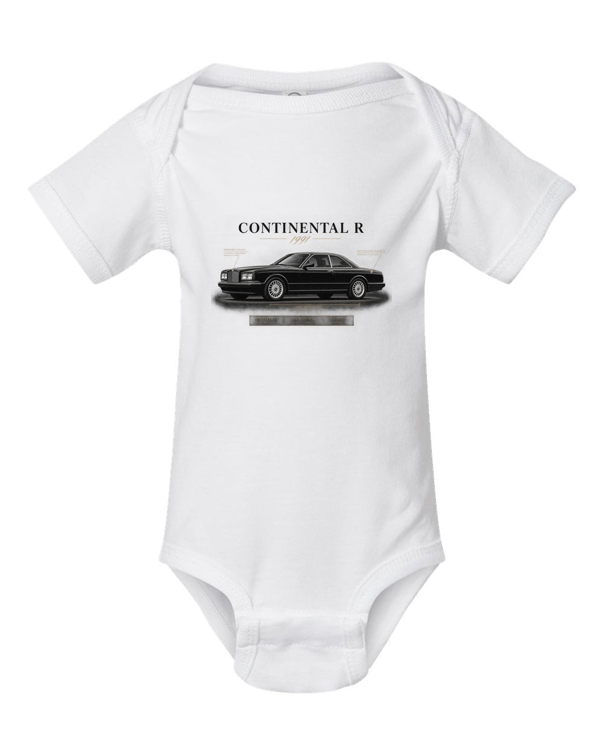 Bentley Continental R 1991 spec poster with 6.75 turbo V8 white baby onesie front view with the design