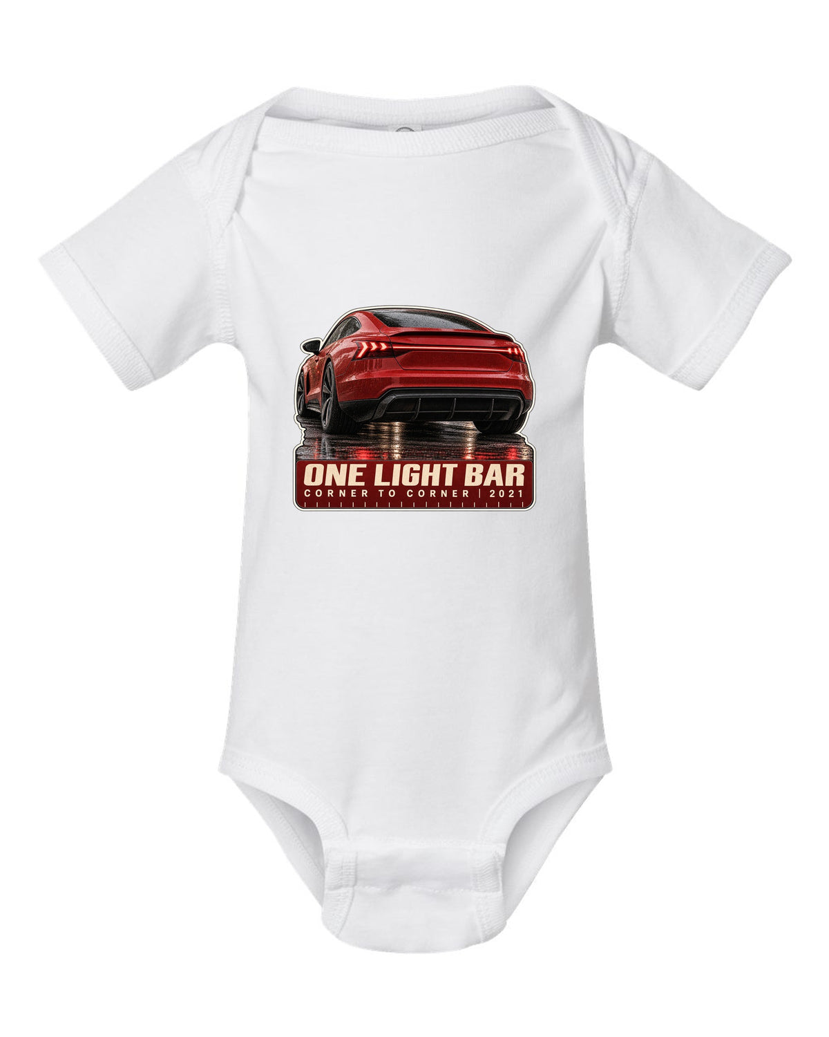 Audi RS e-tron GT rear light bar macro print design white baby onesie front view with the design
