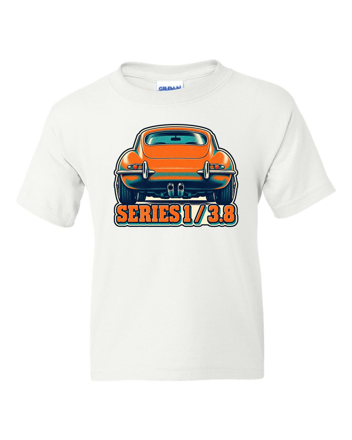 Risograph-style print of a Jaguar E-Type Series 1 taillight with Series 1 and 3.8 lettering white kids tee front view with the design