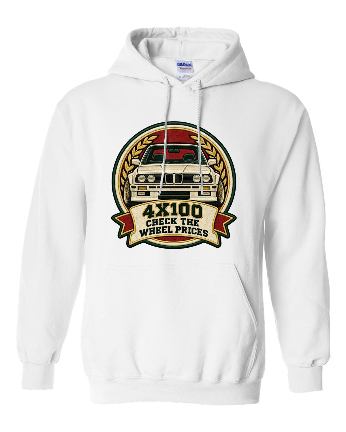 Varsity crest style print of a BMW E30 M3 with 4X100 wheel price joke text white pull over hoodie front view with the design