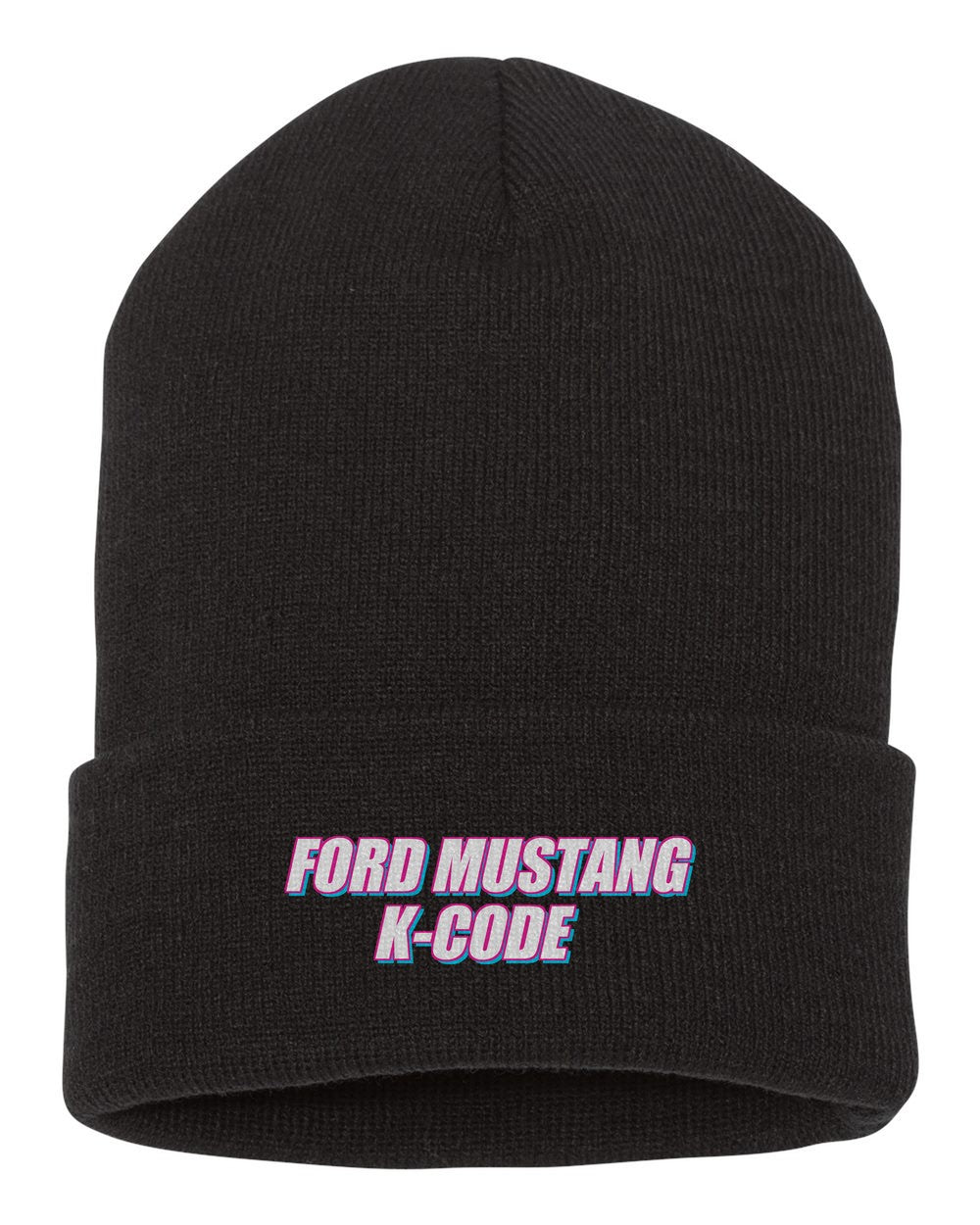 Ford Mustang K-Code black beanie front view with car name