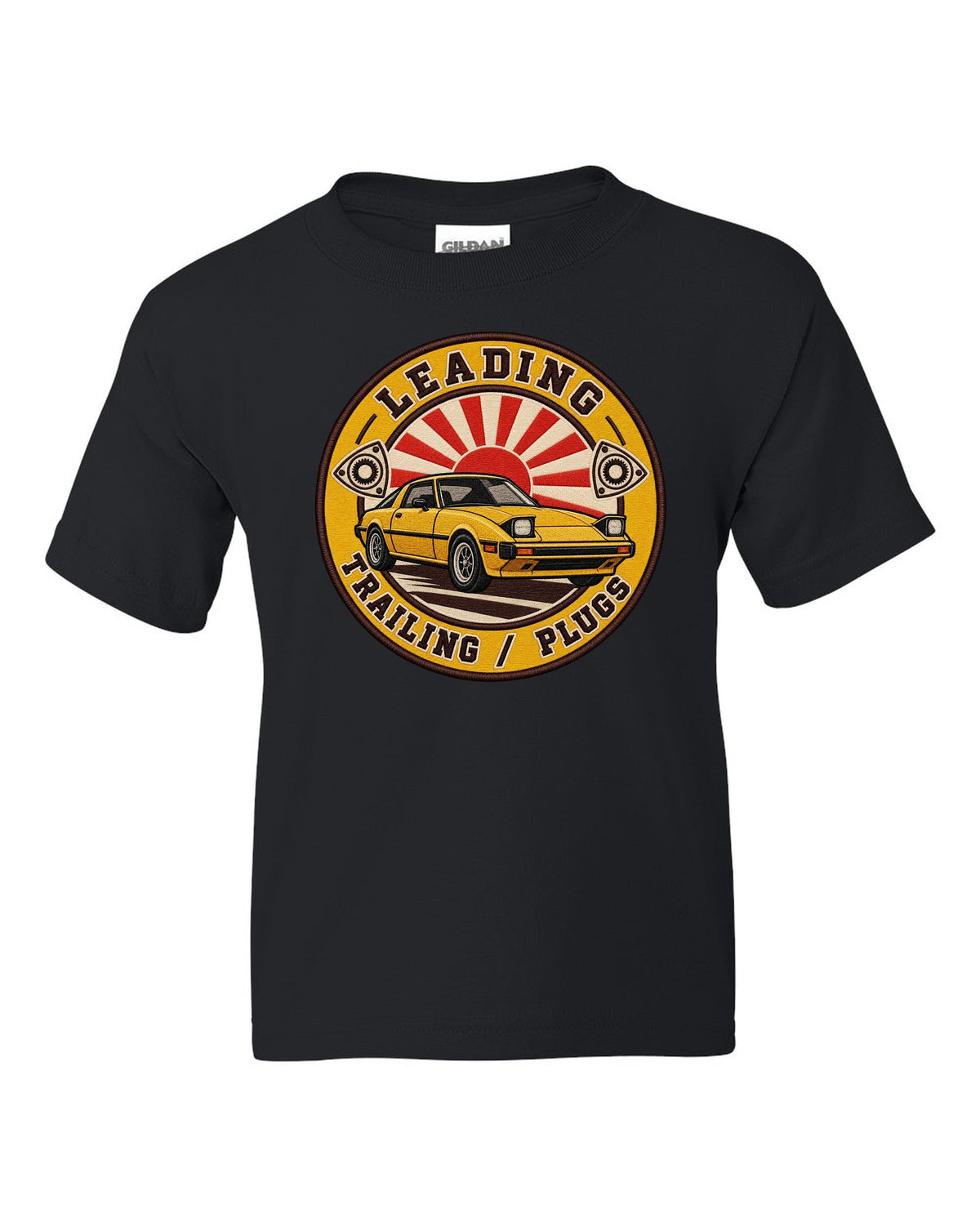 Embroidery-style roundel crest of a Mazda RX-7 SA22C with rotary plug text black kids tee front view with the design