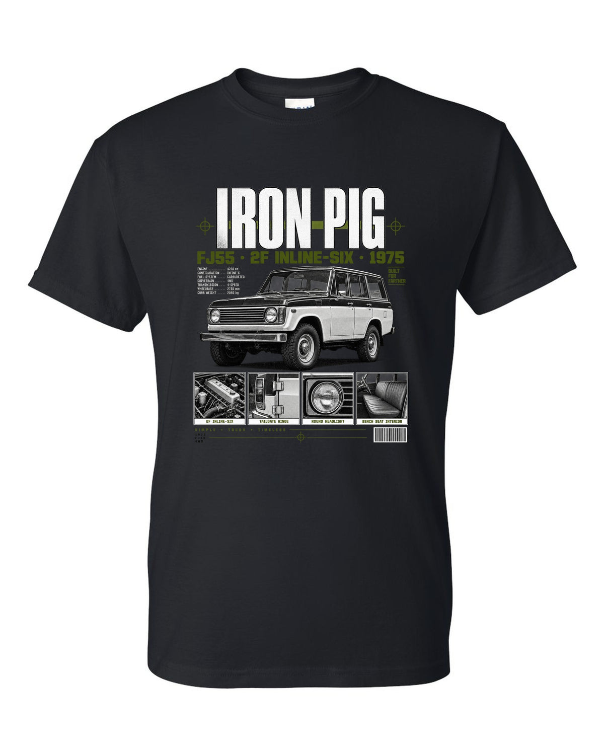 Dossier panel print of a Toyota Land Cruiser FJ55 wagon with Iron Pig and 2F text black t-shirt front view with the design