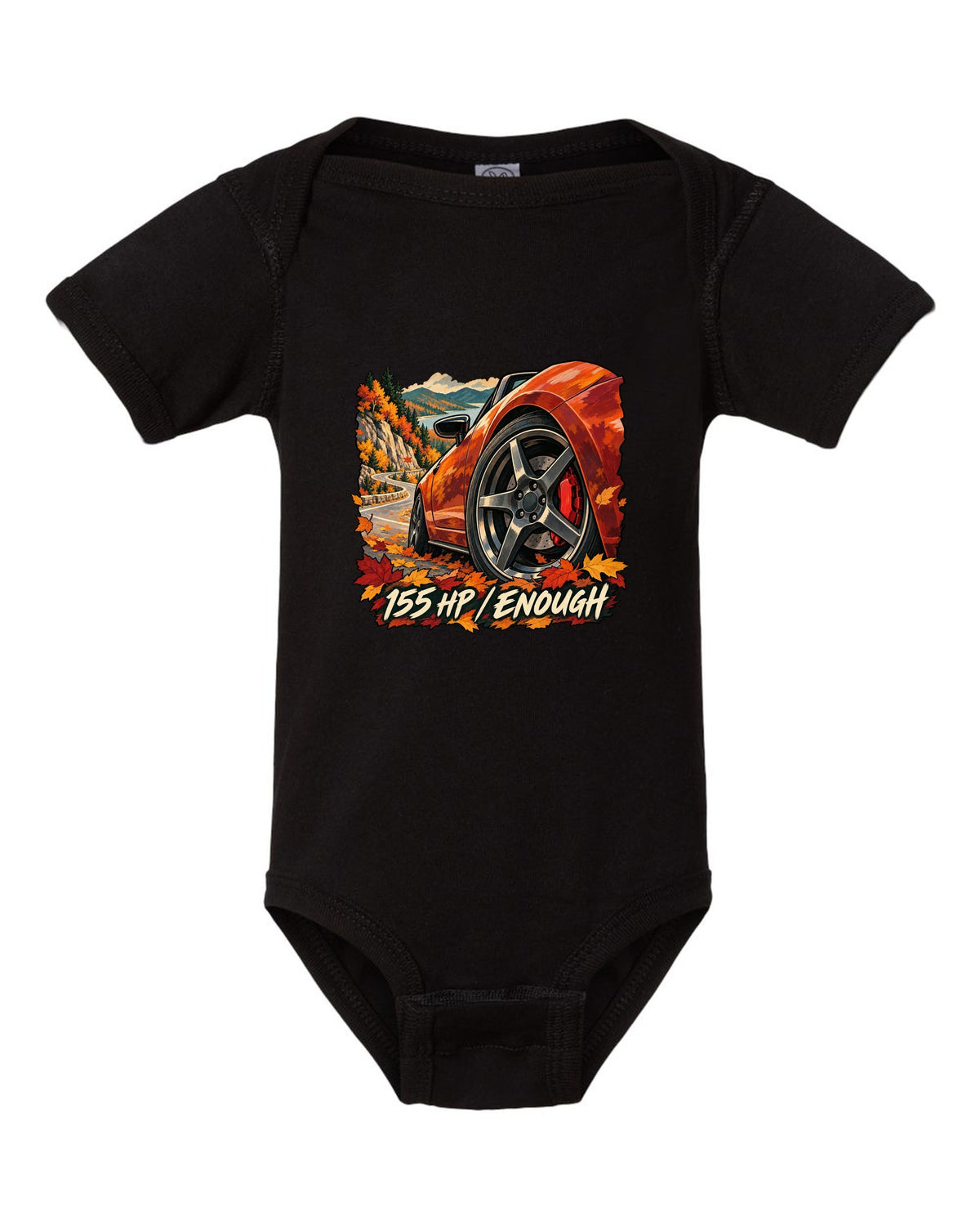 Painterly gouache illustration of a Mazda MX-5 ND on an autumn road with 155 HP / ENOUGH lettering black baby onesie front view with the design