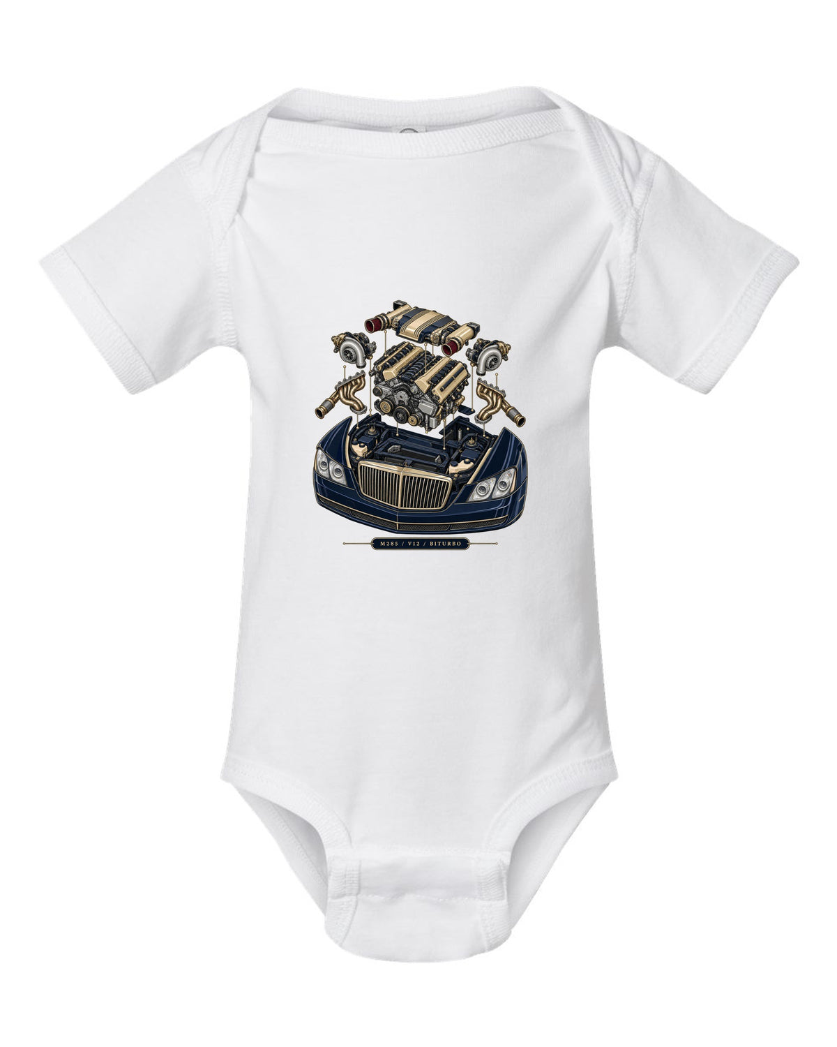 Pastel vaporwave rear view of the one-off Maybach Exelero on a shirt back white baby onesie front view with the design