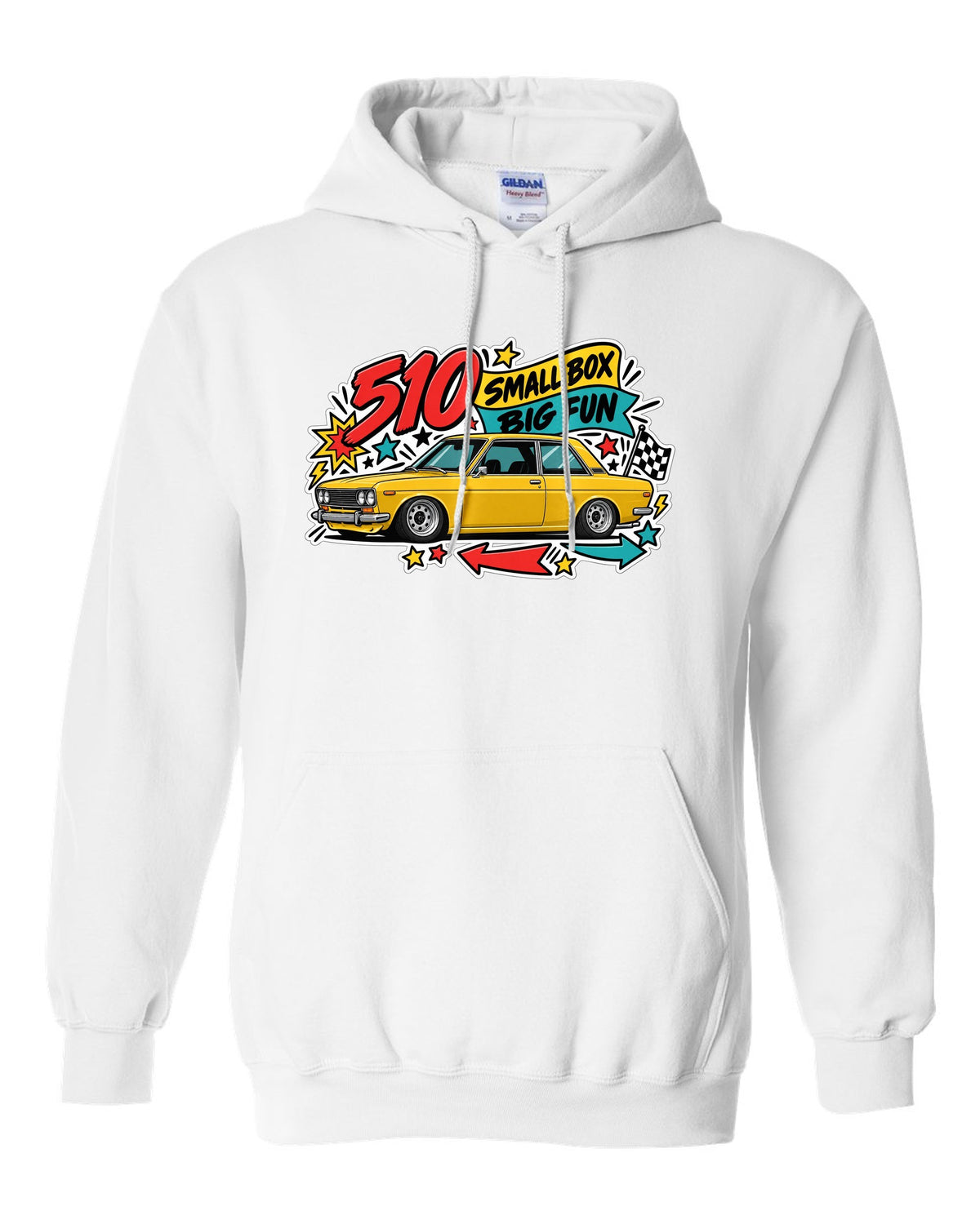 Sticker-bomb print for the Datsun 510 reading 510 Small Box Big Fun white pull over hoodie front view with the design