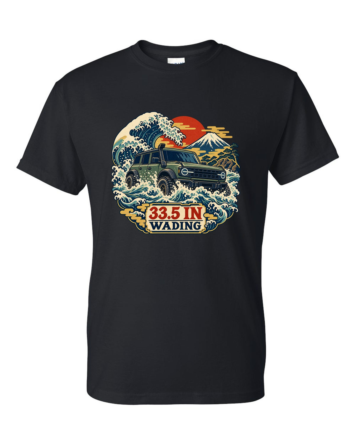 Ford Bronco 6G four-door with snorkel wading a wave in an ukiyo-e print black t-shirt front view with the design
