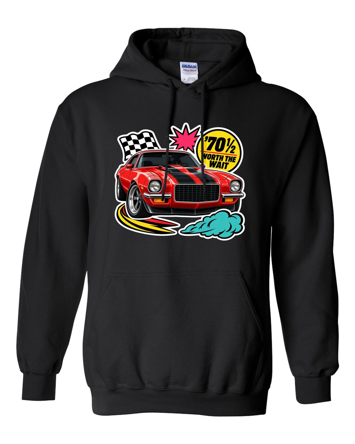 Sticker-bomb collage with die-cut edges of a 1970 Chevrolet Camaro Z28 black pull over hoodie front view with the design