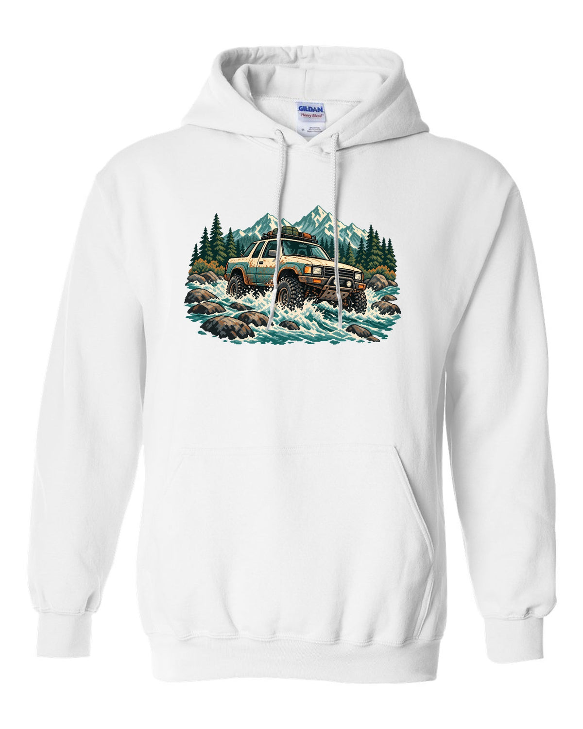 16-bit pixel art of a 2021 Ford F-150 Raptor Gen 3 P702 crossing a river with 5-LINK REAR lettering white pull over hoodie front view with the design