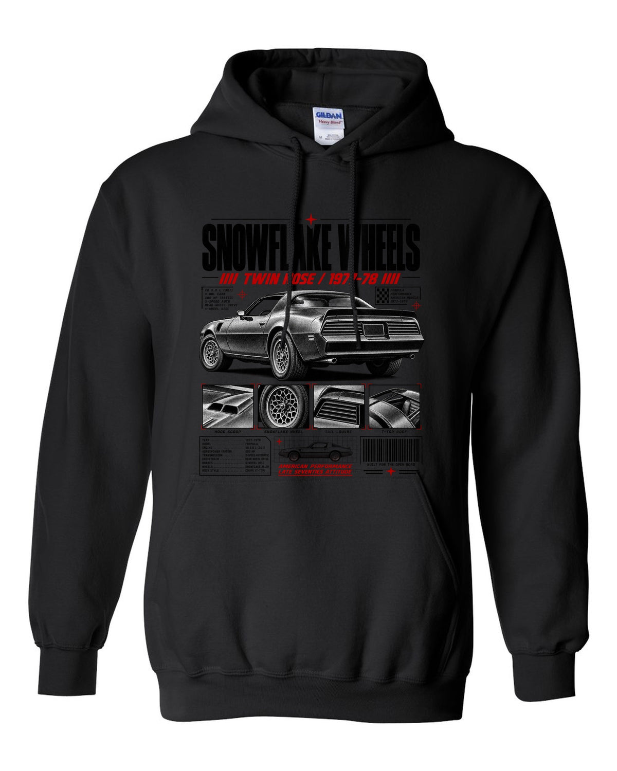 print dossier panels of a 1978 Pontiac Firebird Formula with snowflake wheels black pull over hoodie front view with the design