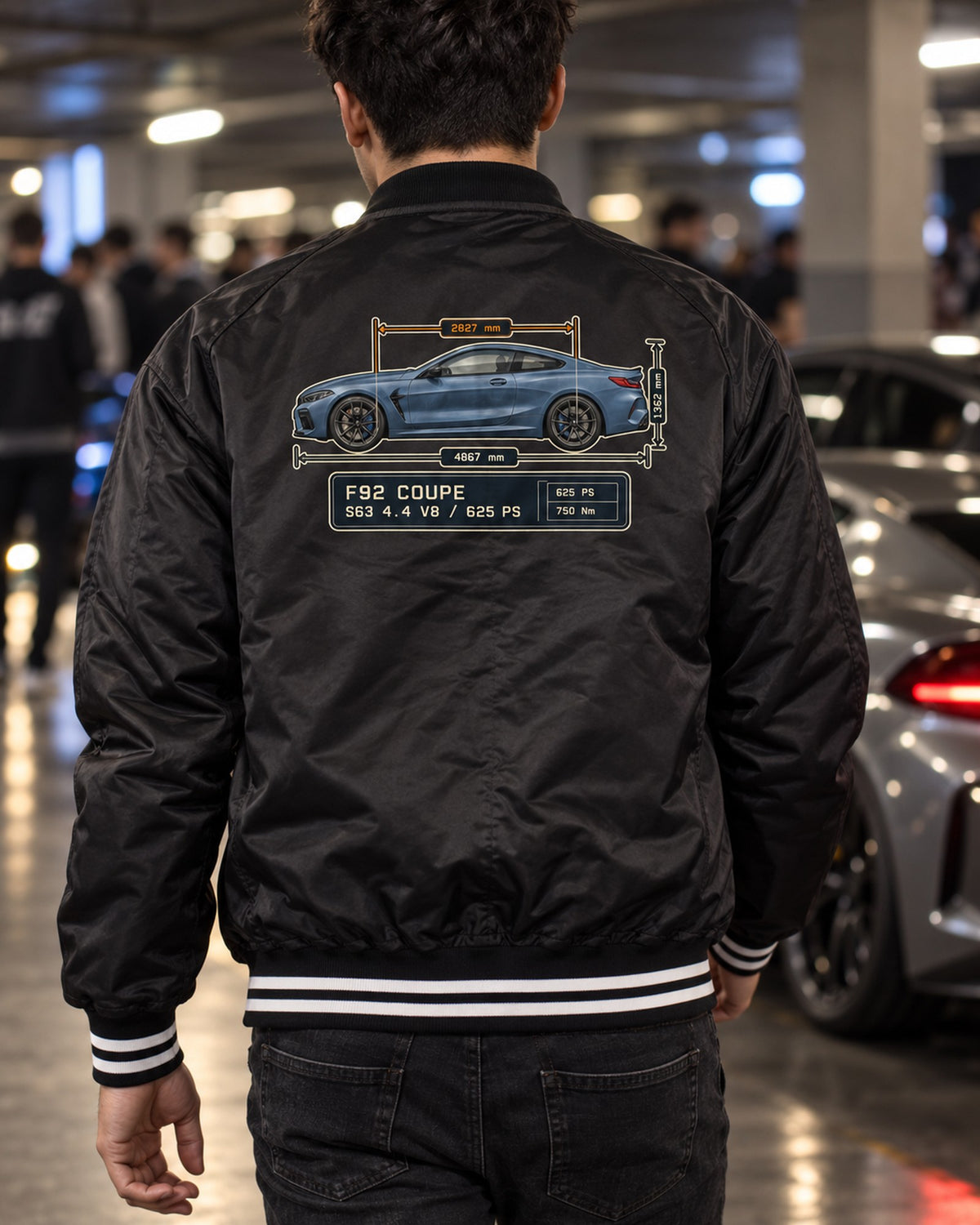 BMW M8 Competition Coupe F92 Dimension Blueprint Shirt Bomber Jacket Black worn hero
