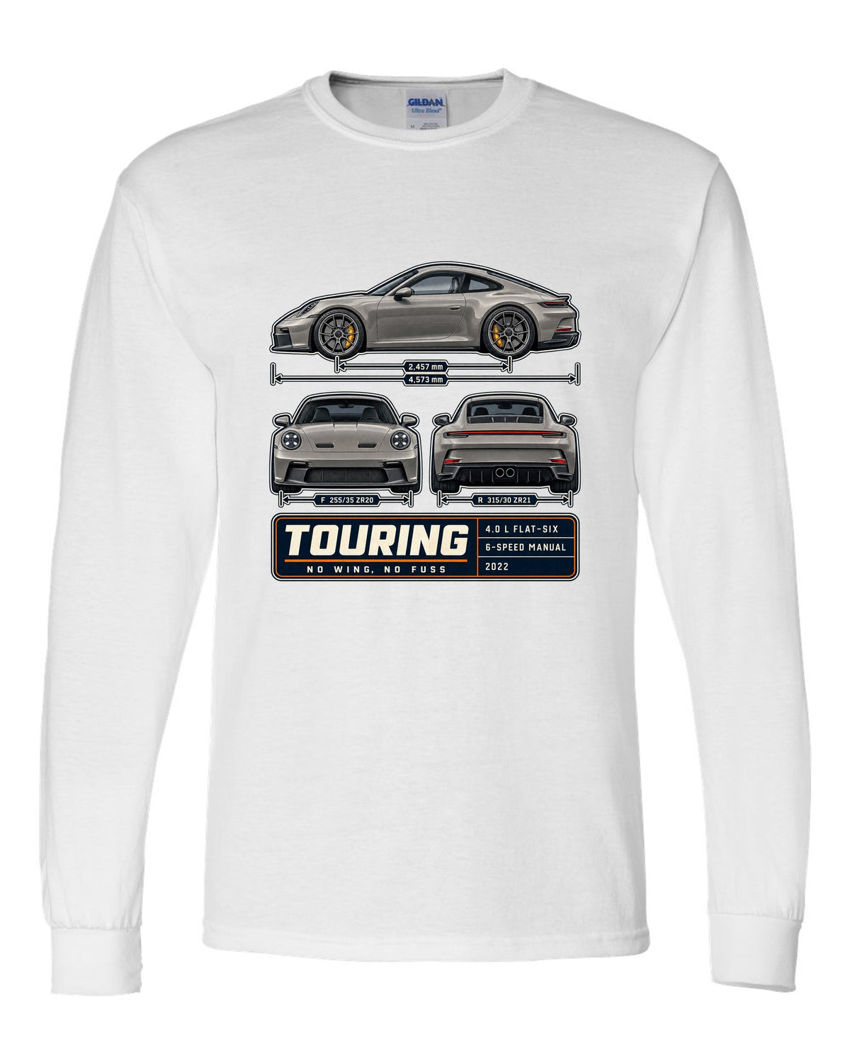 Porsche 992 GT3 Touring three-view spec table print design white long sleeve front view with the design