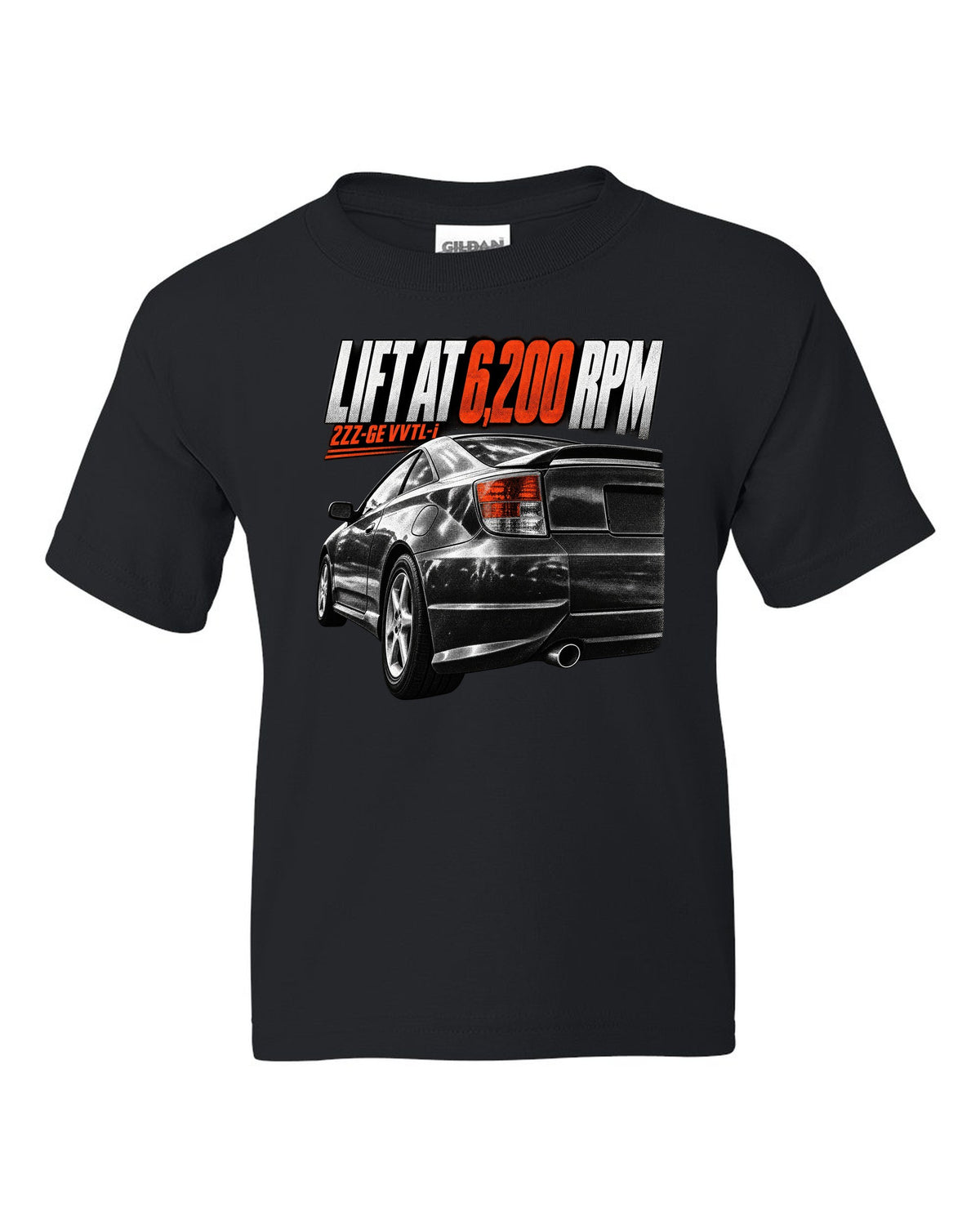 Taillight macro print of a Toyota Celica T230 ZZT231 with Lift At 6,200 RPM and 2ZZ-GE VVTL-i text black kids tee front view with the design