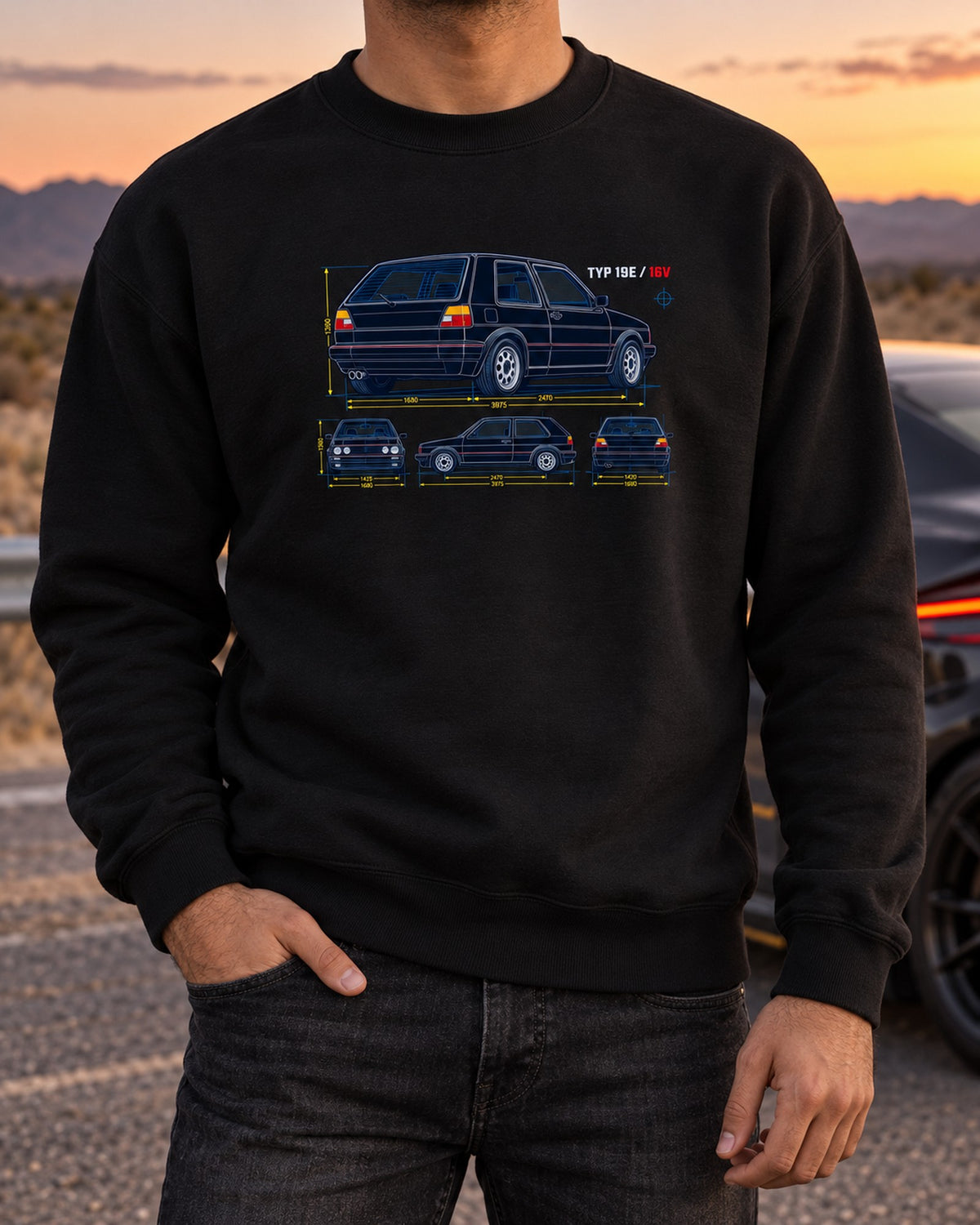 VW Golf Mk2 GTI 16V Blueprint Shirt, Typ 19E Patent Art Crewneck Black worn hero