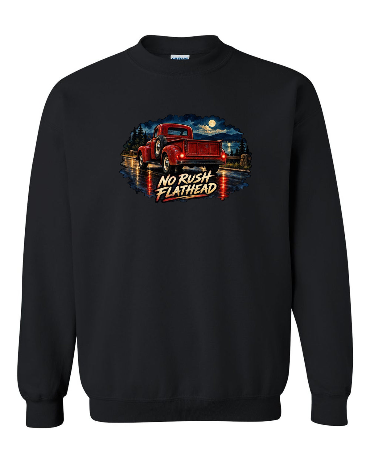 Watercolour wet-road night print of a red Dodge Power Wagon WM300 flat fender black crewneck front view with the design