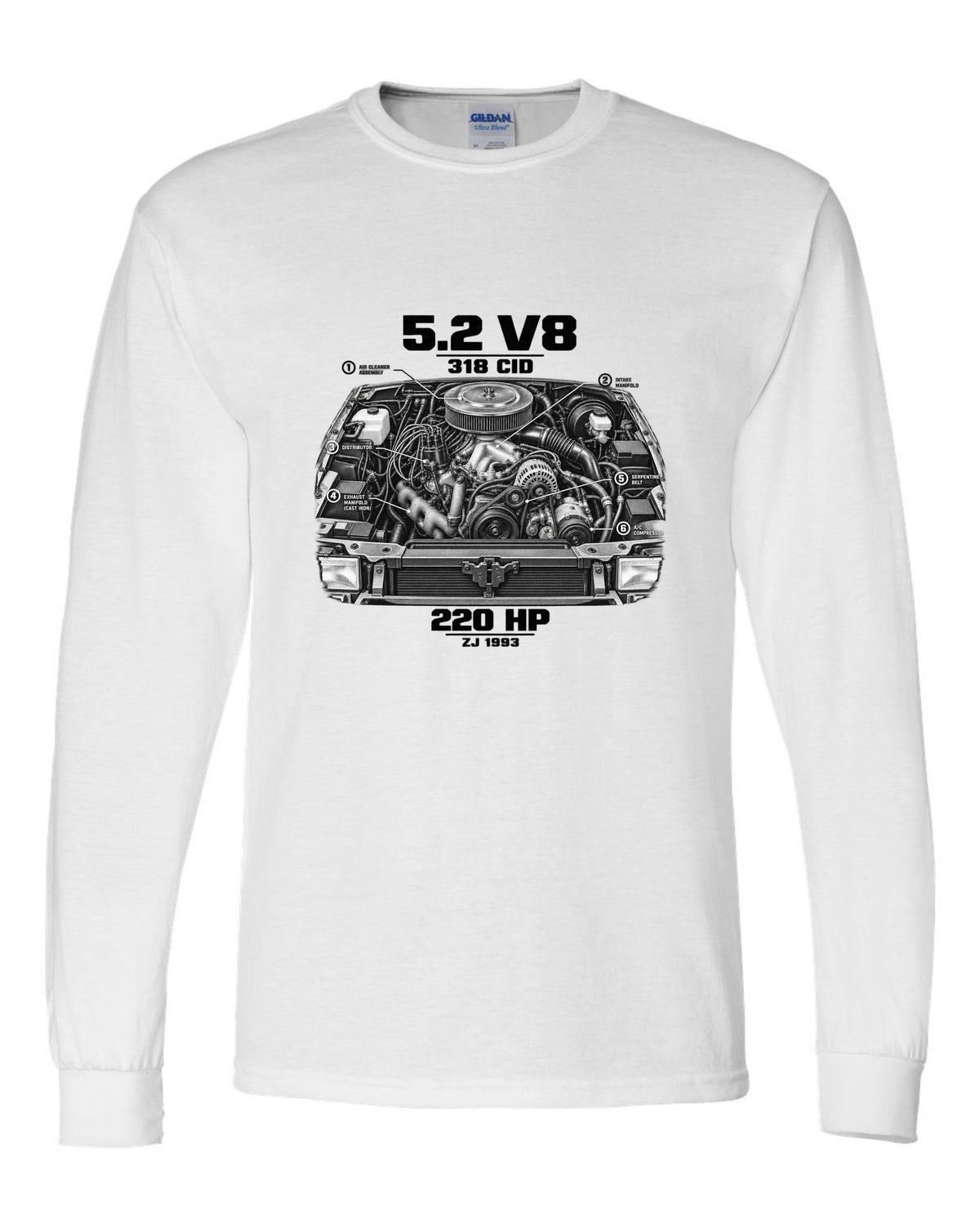 Jeep Grand Cherokee ZJ 5.2 V8 engine print with 318 CID text white long sleeve front view with the design