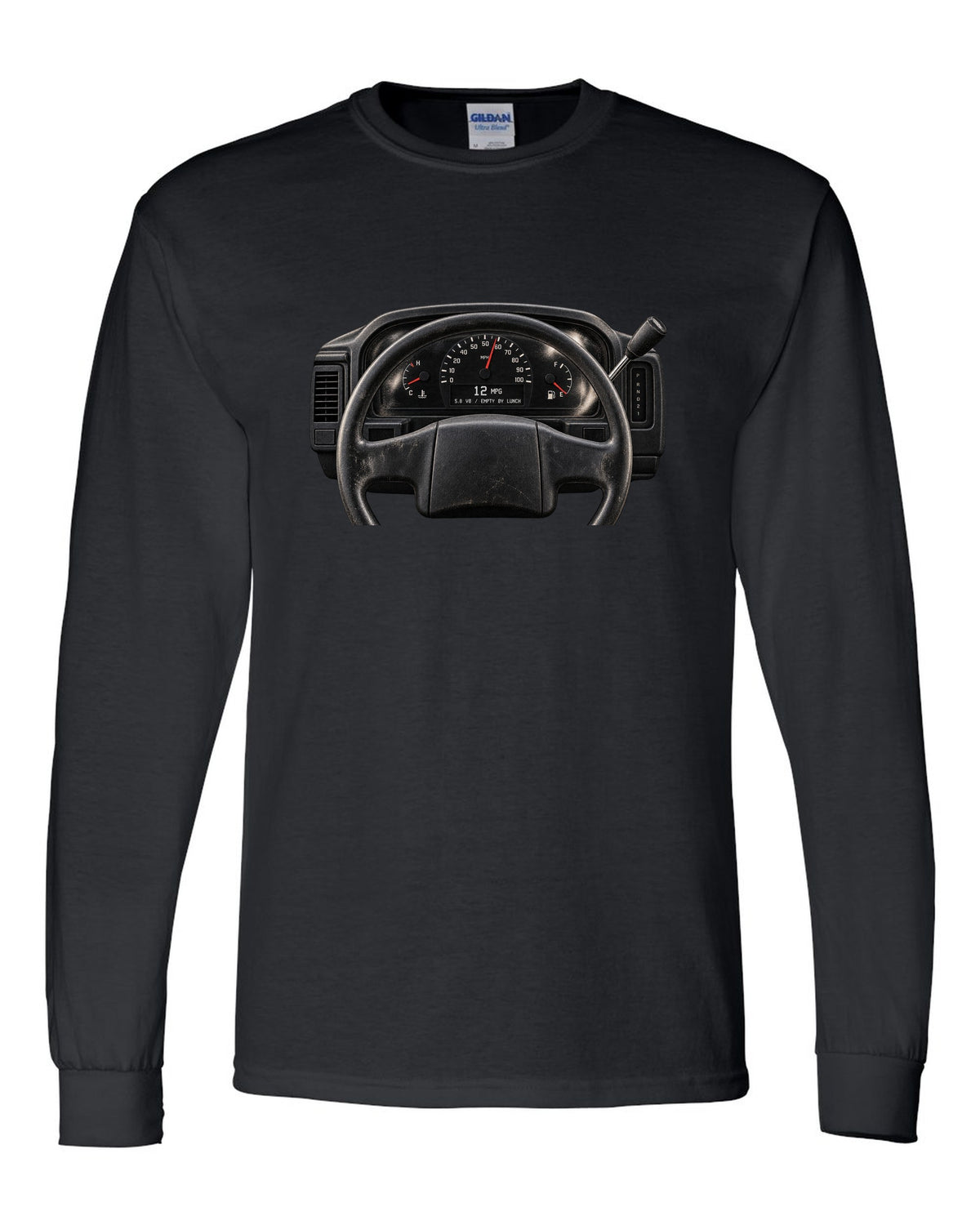 Gauge cluster print of a 1992-96 Ford Bronco OBS with 5.8 V8 and 12 MPG text black long sleeve front view with the design