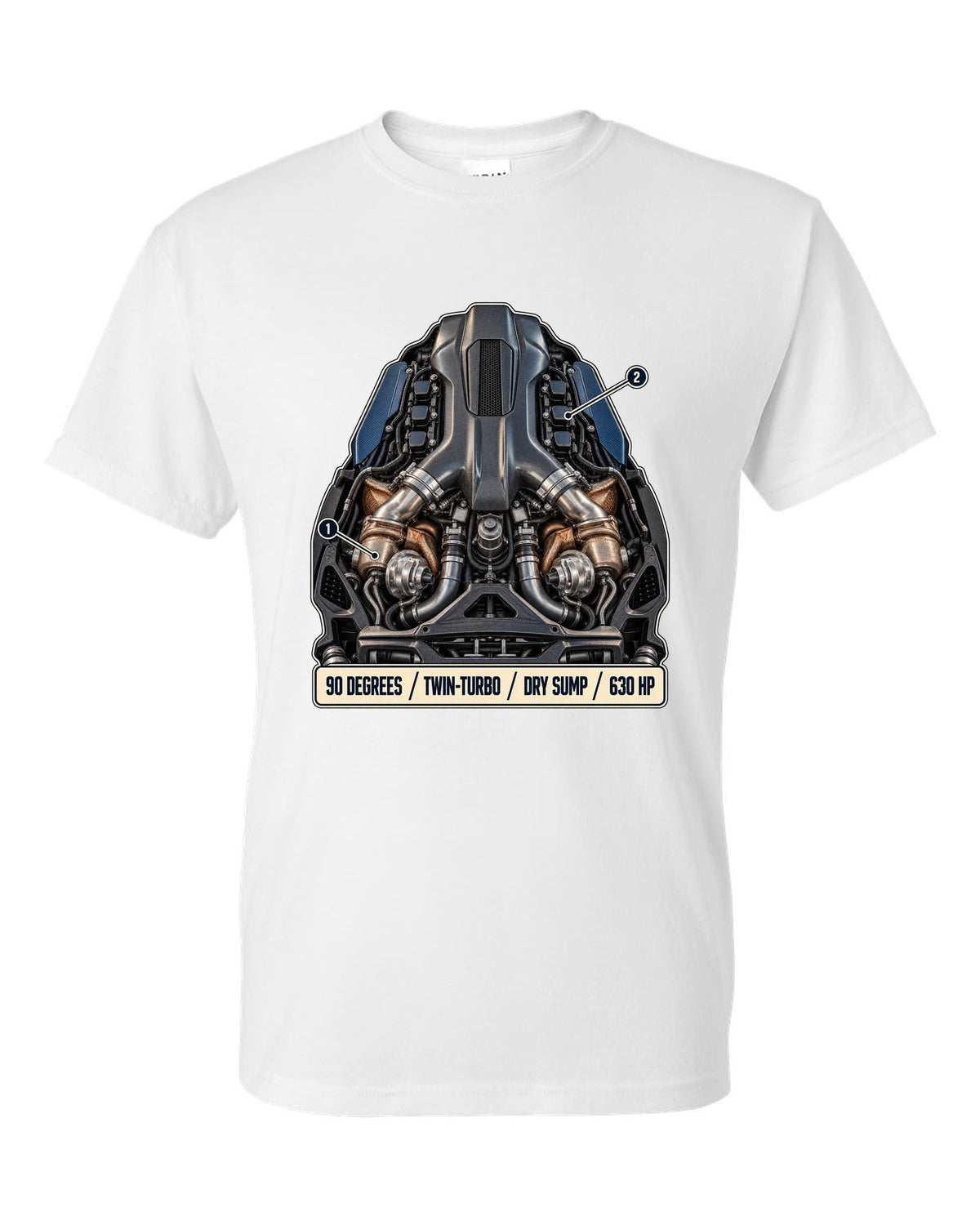 Maserati MC20 Nettuno V6 engine hero illustration, print white t-shirt front view with the design