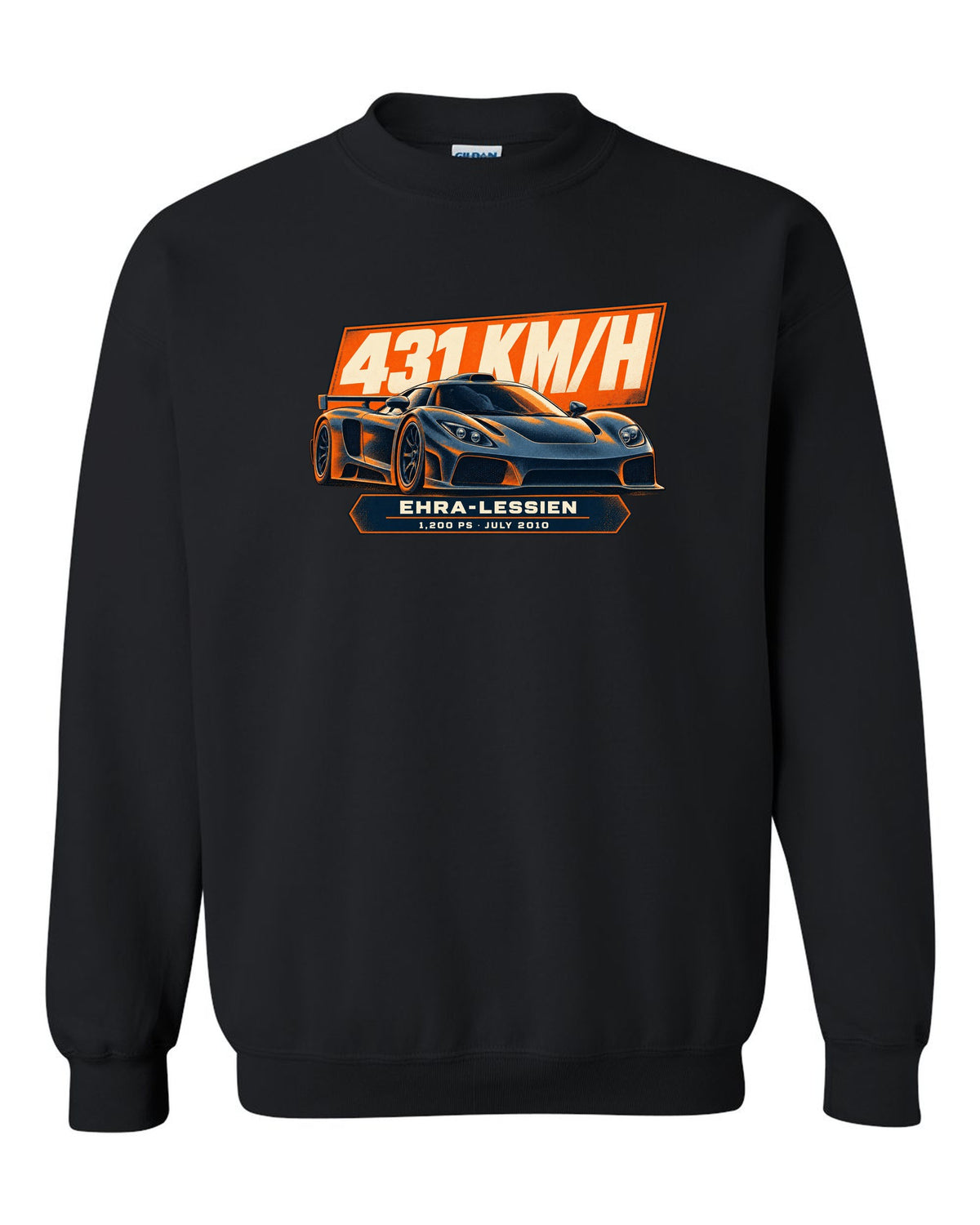 Halftone poster-style Bugatti Veyron 16.4 Super Sport with record-run text on the front of a tee black crewneck front view with the design