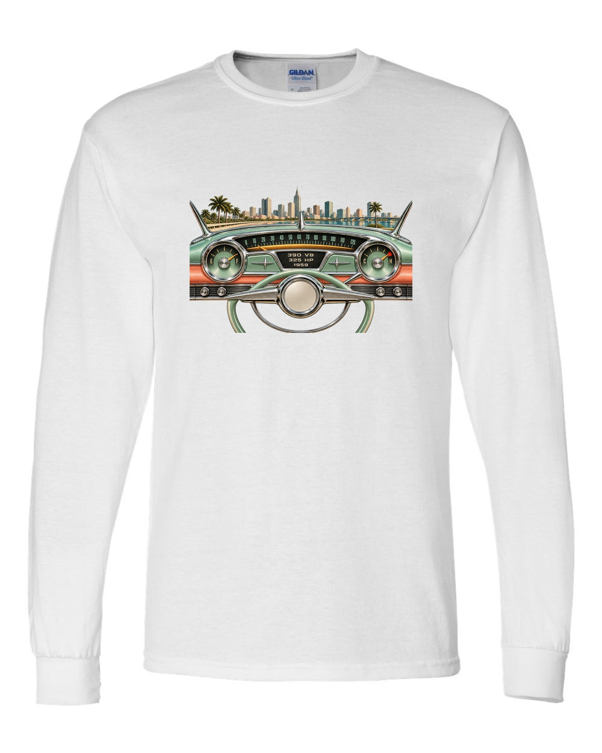 1959 Cadillac Series 62 dashboard instrument cluster HUD graphic with 390 V8 text white long sleeve front view with the design