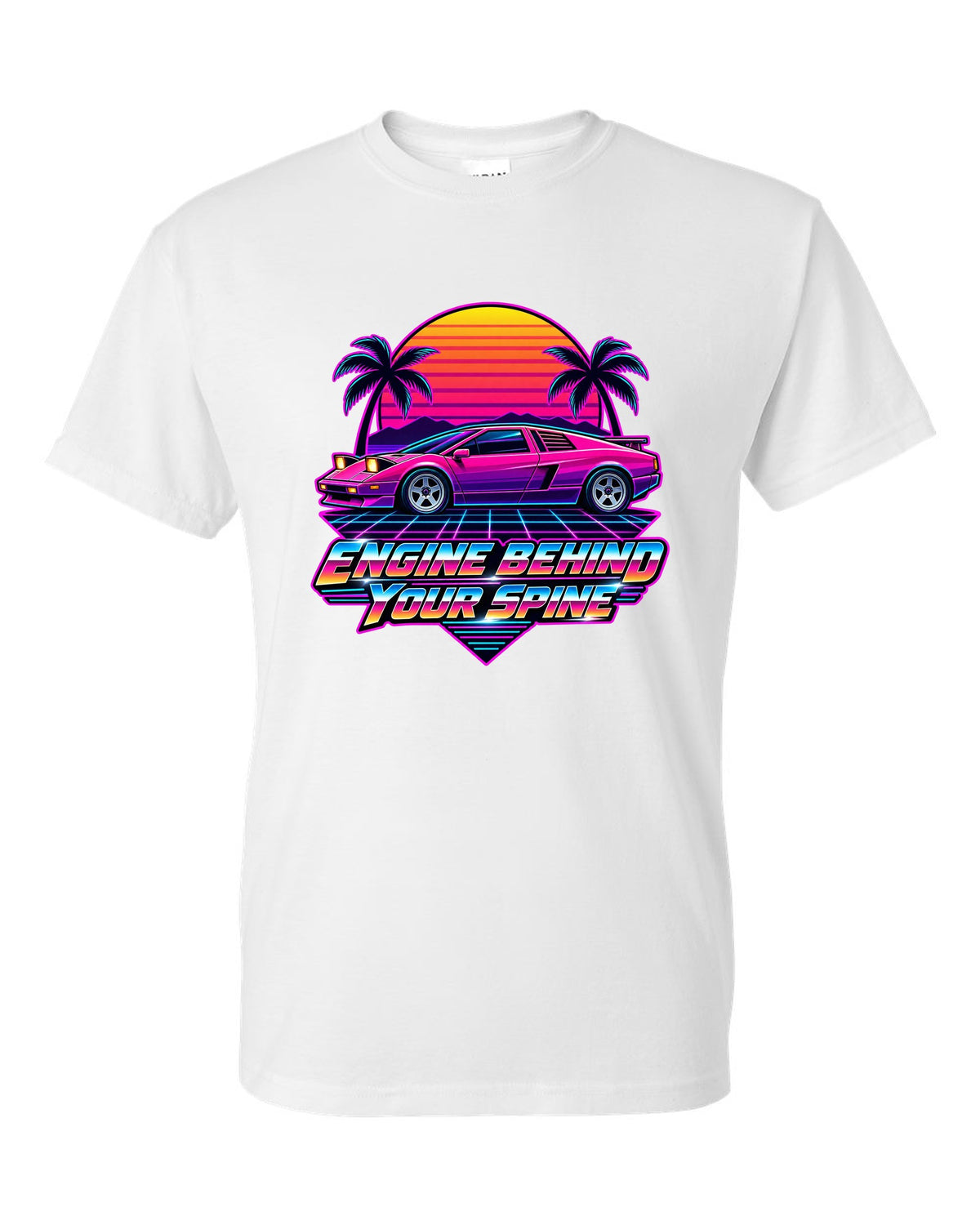 Synthwave sunset grid with a Toyota MR2 AW11 driving toward the horizon white t-shirt front view with the design