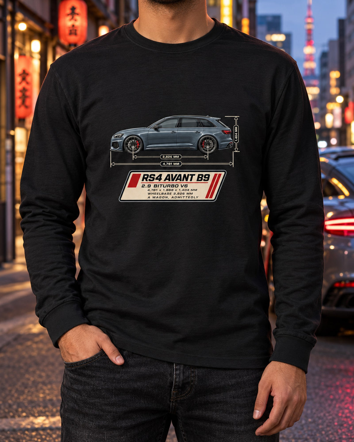 Audi RS4 Avant B9 Dimension Blueprint Shirt, Twin-Turbo V6 Long Sleeve Black worn hero