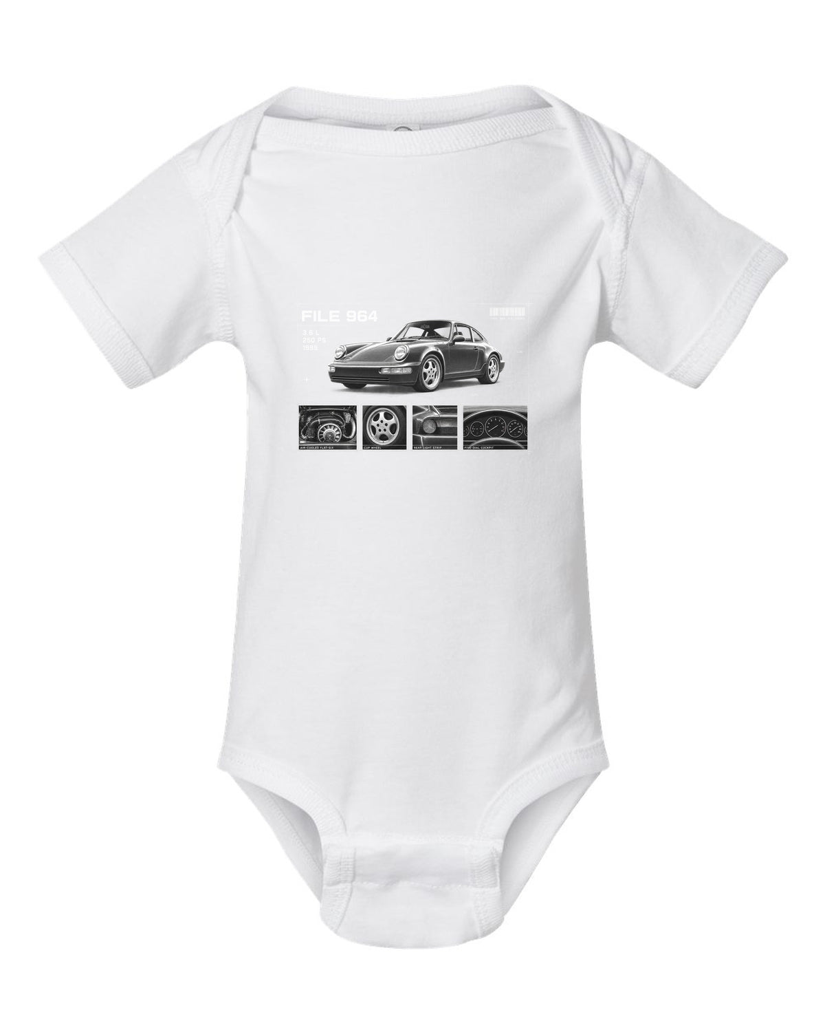Dossier panel print of a Porsche 911 964 Carrera 2 with File 964 3.6 L 250 PS lettering white baby onesie front view with the design