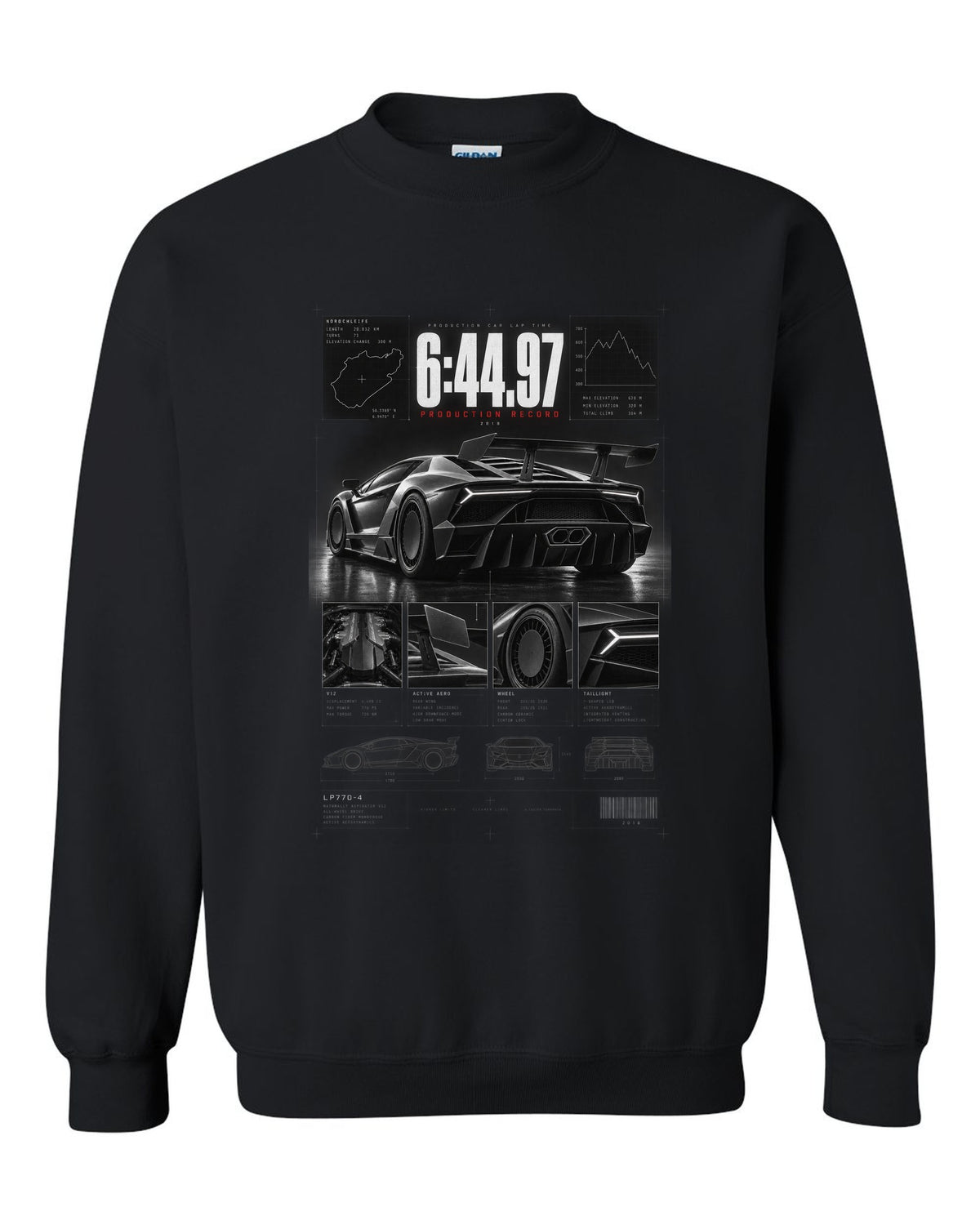 Dossier panel print of a Lamborghini Aventador SVJ LP770-4 with 6:44.97 production record text black crewneck front view with the design