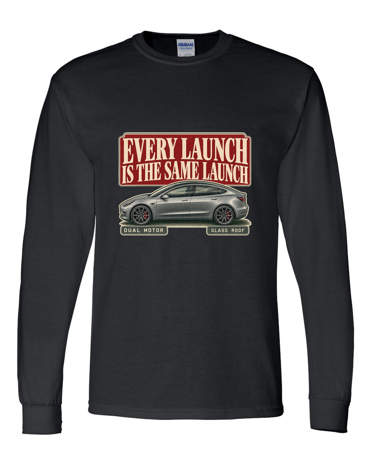 Tesla Model 3 Performance Editorial Headline Tee, 2018-2023 black long sleeve front view with the design