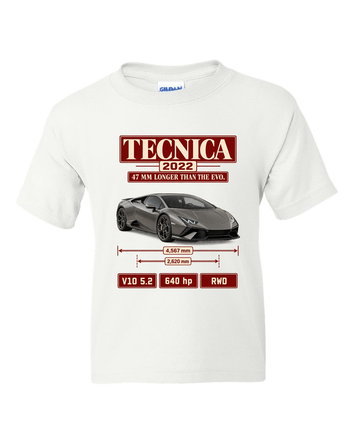 Archive panel print of the Lamborghini Huracan Tecnica white kids tee front view with the design