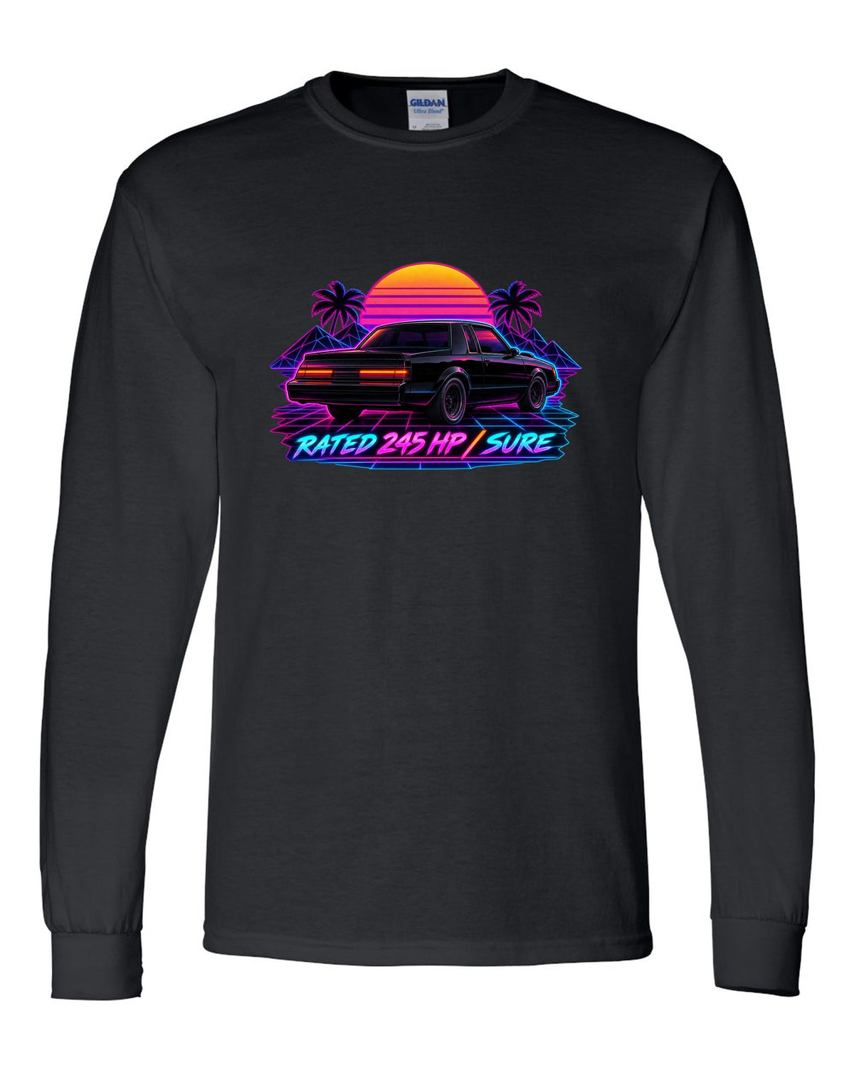 Synthwave print of 1987 Buick Grand National taillights with the text Rated 245 HP, Sure black long sleeve front view with the design