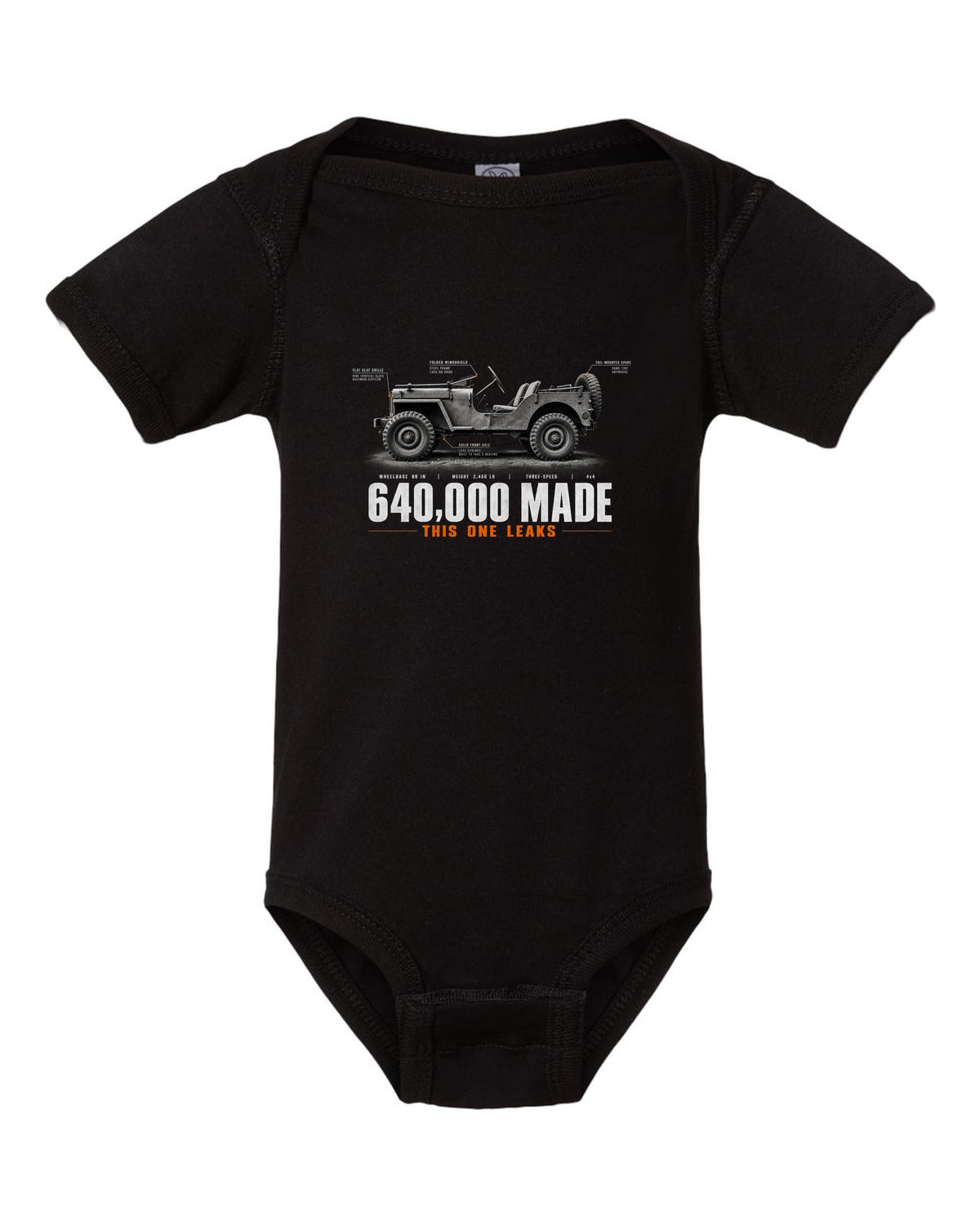 Spec poster print for the Willys MB and Ford GPW, 640,000 made black baby onesie front view with the design