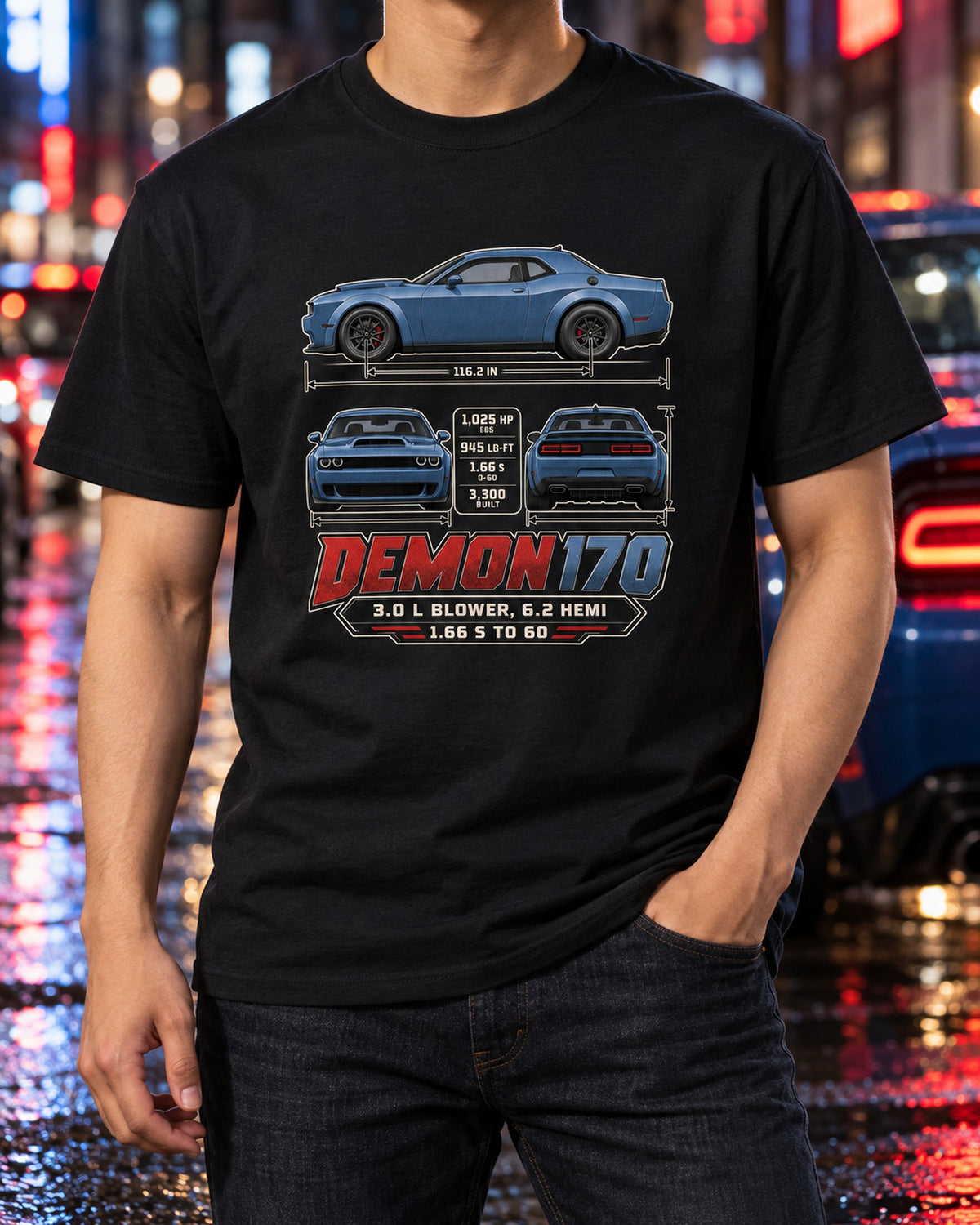 Dodge Challenger SRT Demon 170 Dimension Blueprint Shirt T-Shirt Black worn hero