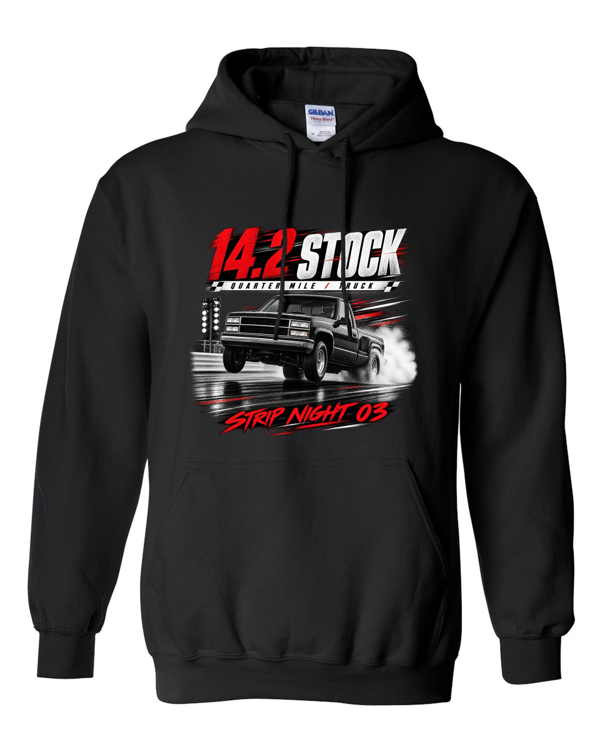 Race poster print of a 1993-95 Ford F-150 SVT Lightning with 14.2 quarter mile text black pull over hoodie front view with the design