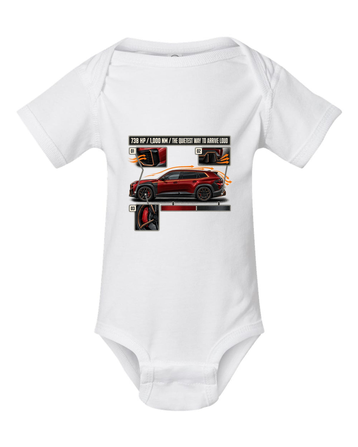 BMW XM Label Red aero cutaway callouts print on a tee white baby onesie front view with the design