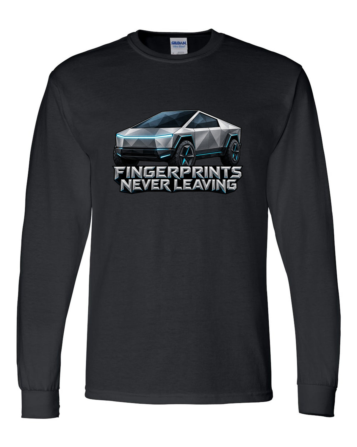 Low-poly wireframe facets of a 2023 Tesla Cybertruck with the words Fingerprints Never Leaving black long sleeve front view with the design